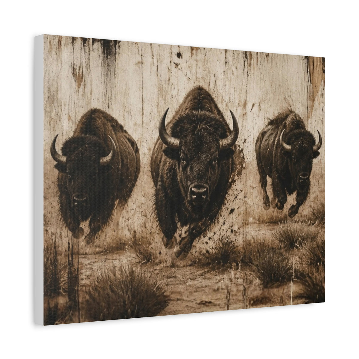 Running Bison Canvas Wall Art – Rustic Sepia Buffalo Trio Stretched Matte