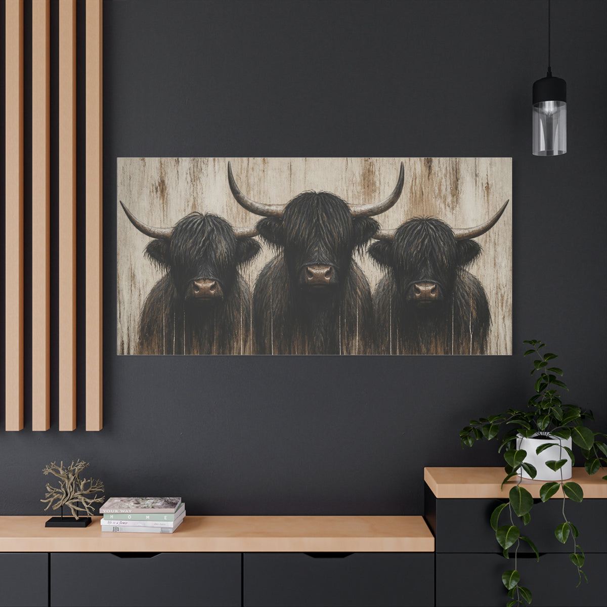 Highland Cow Trio Matte Stretched Canvas Wall Art — Rustic Farmhouse Animal Print