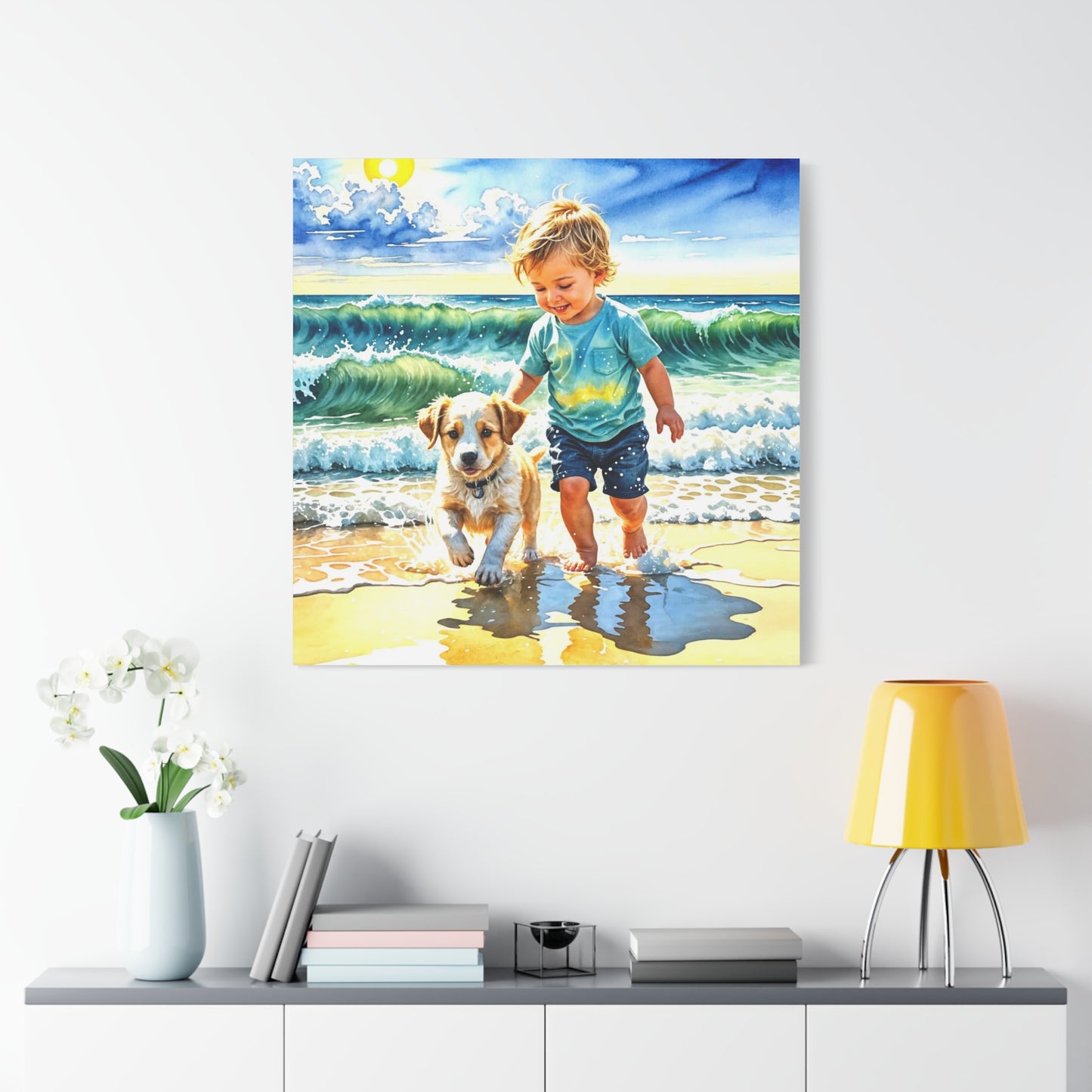 Little Boy at the Beach w his Dog Canvas Art - Children's Room Art