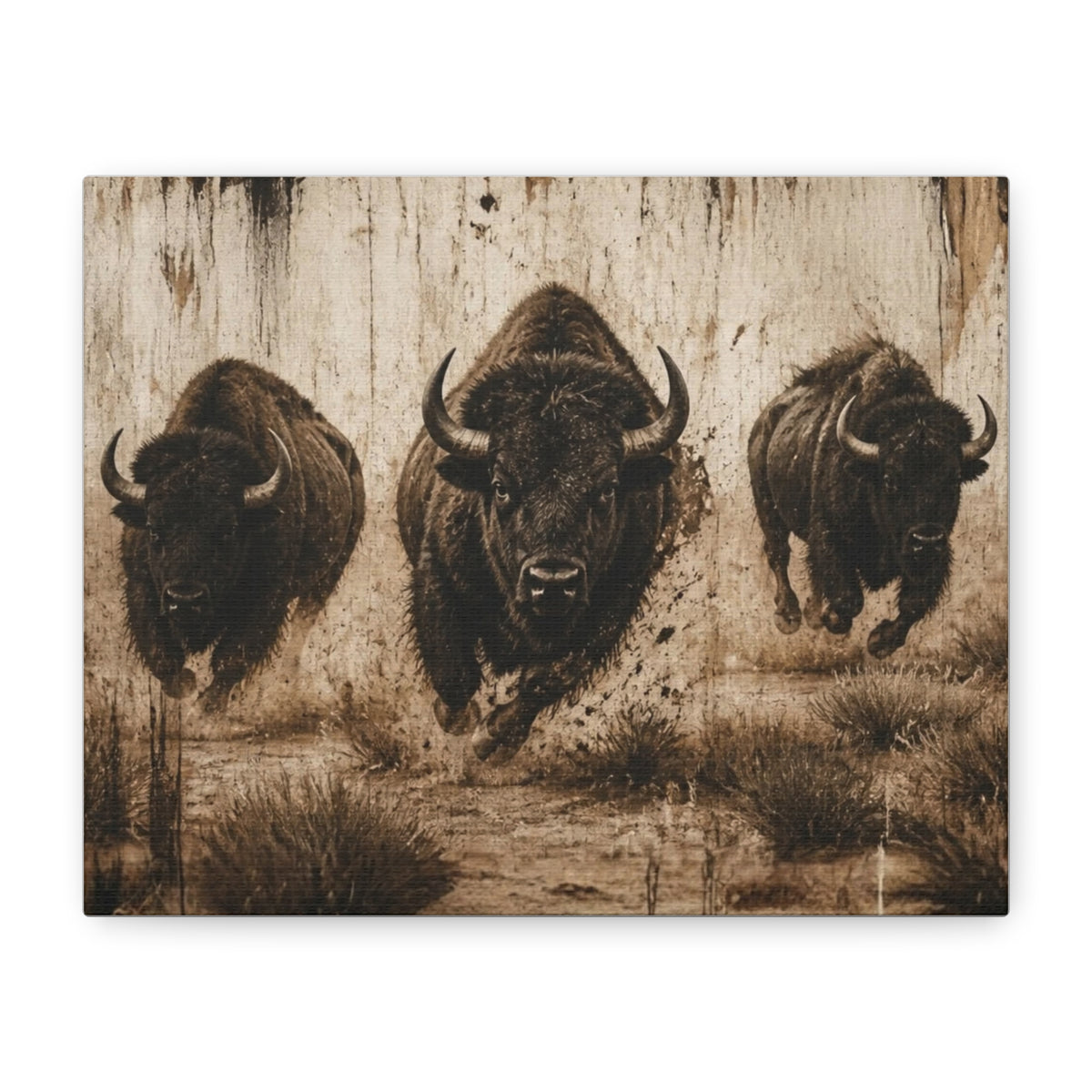 Running Bison Canvas Wall Art – Rustic Sepia Buffalo Trio Stretched Matte