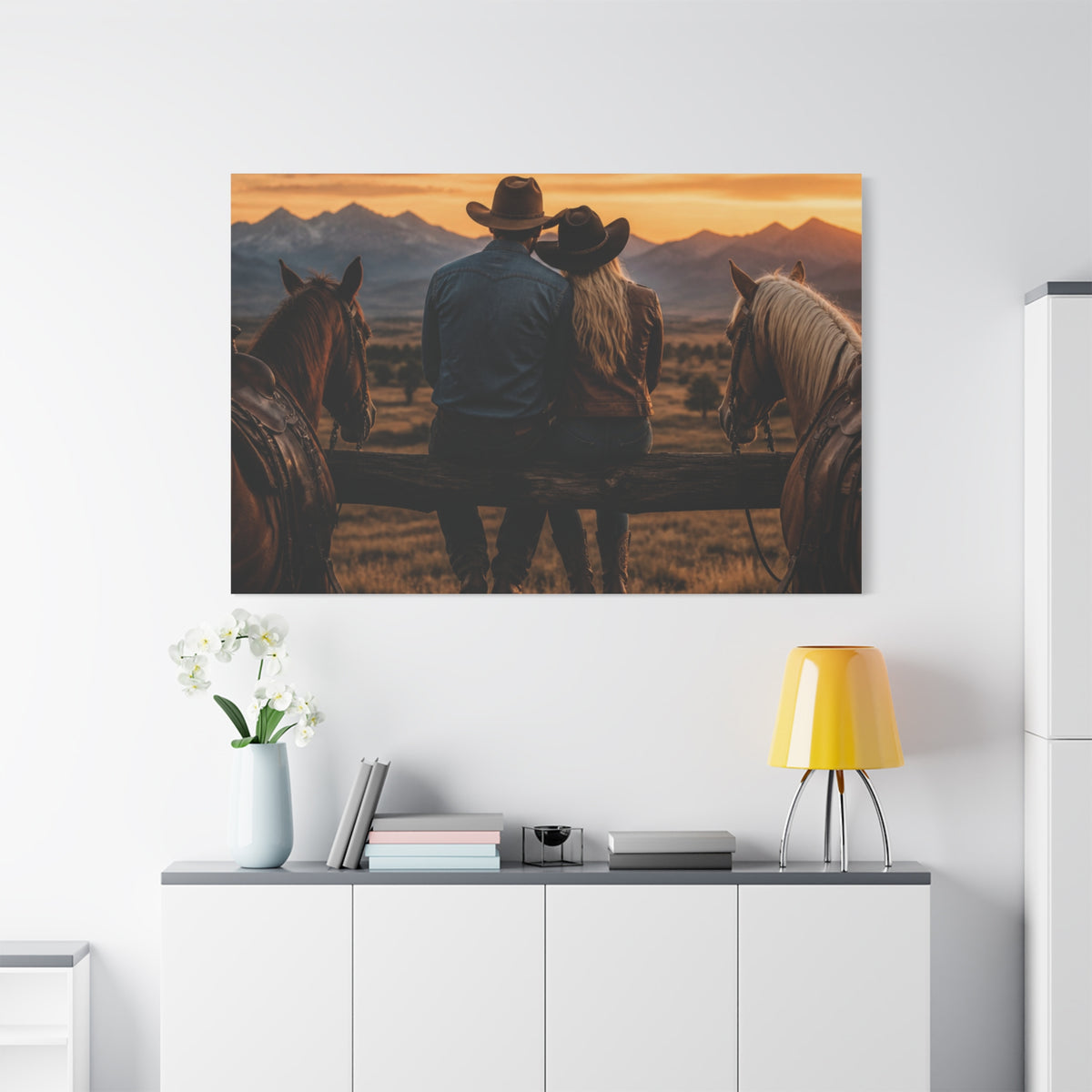 Western Cowboy Couple Sunset Canvas