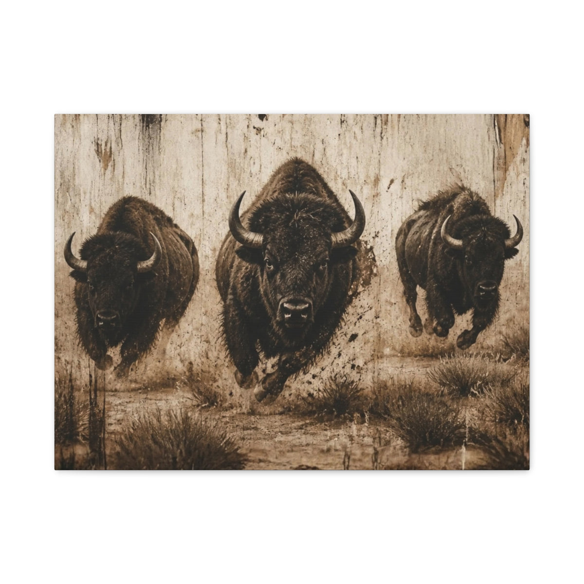 Running Bison Canvas Wall Art – Rustic Sepia Buffalo Trio Stretched Matte