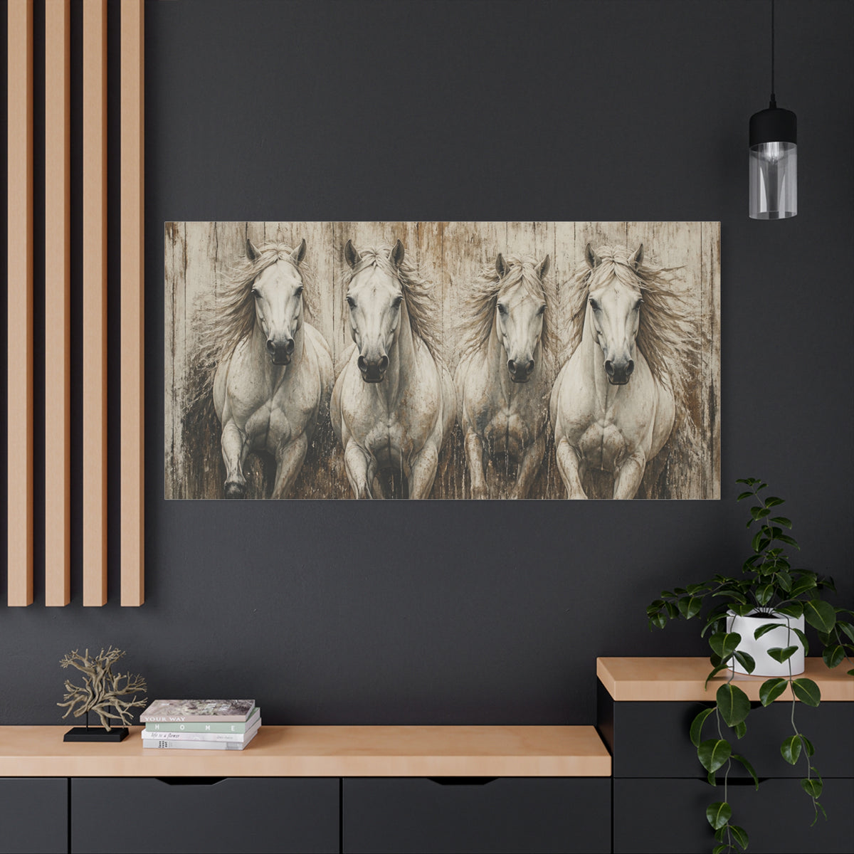 White Running  Horses Matte Canvas Wall Art — Stretched 1.25"