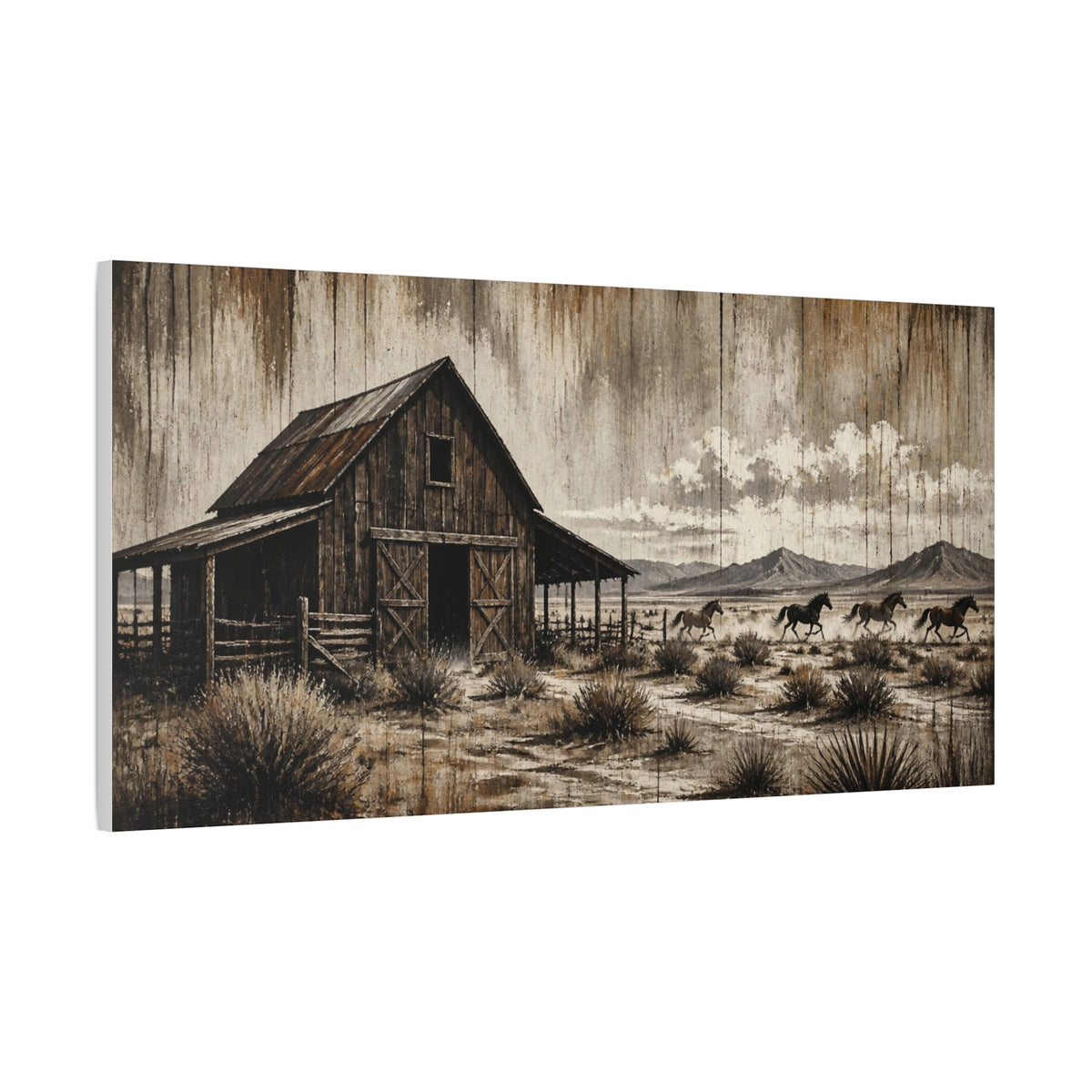 Rustic Western Barn Canvas Wall Art — Vintage Desert Horses Matte Stretched Canvas