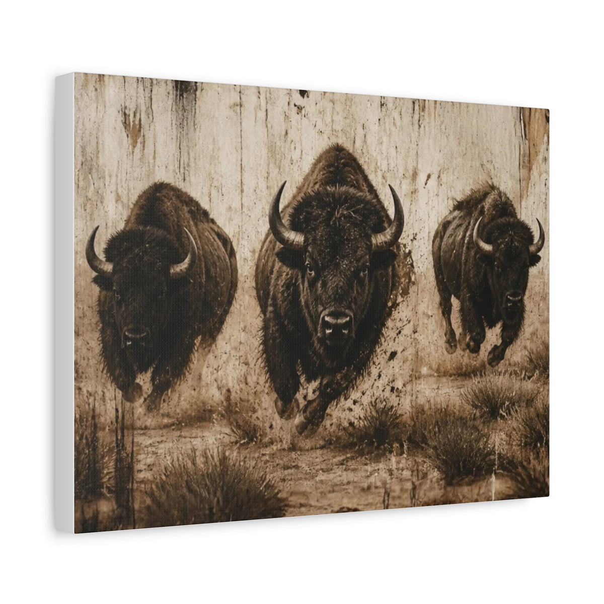 Running Bison Canvas Wall Art – Rustic Sepia Buffalo Trio Stretched Matte