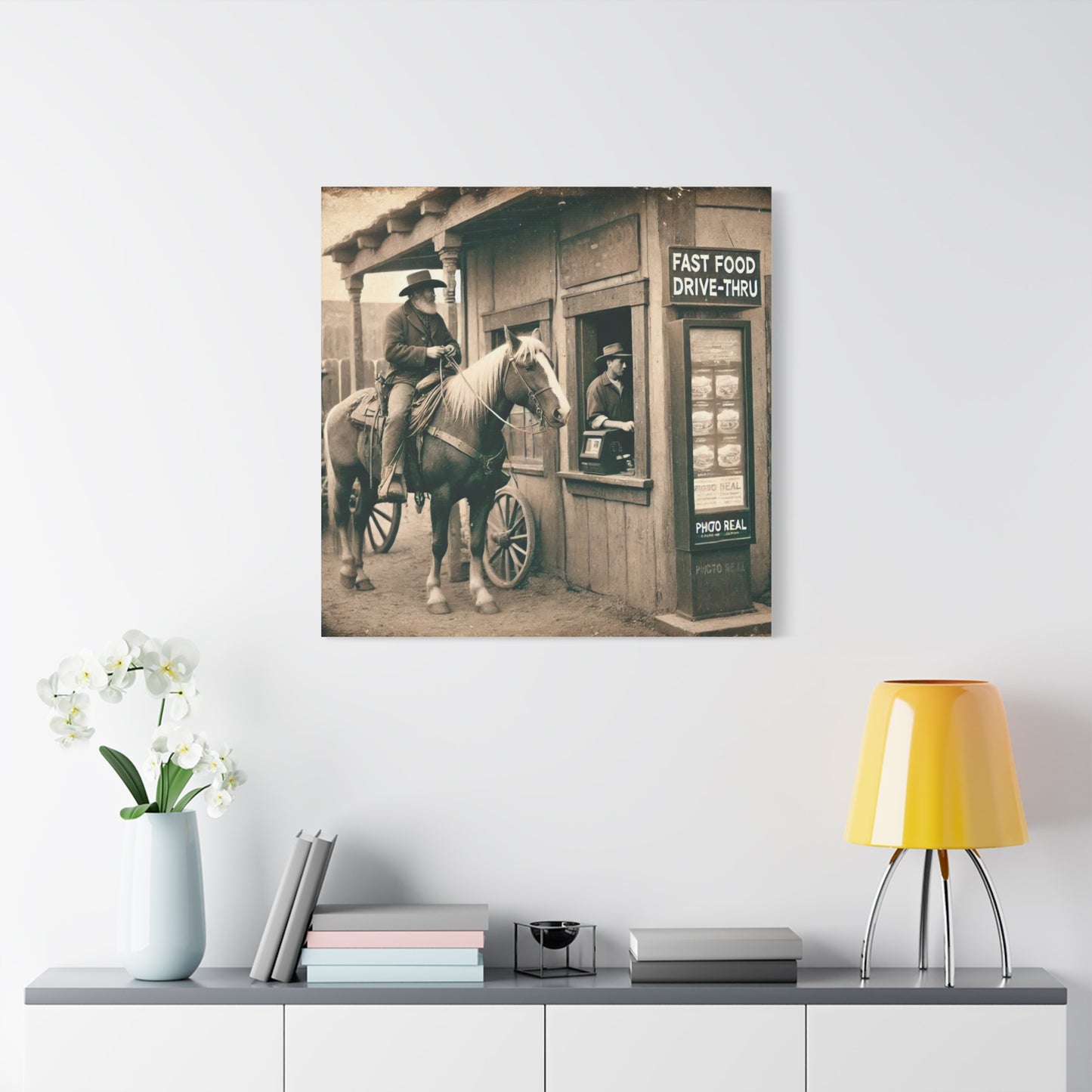 Old West Cowboy in Fast Food Drive Through Antique Art