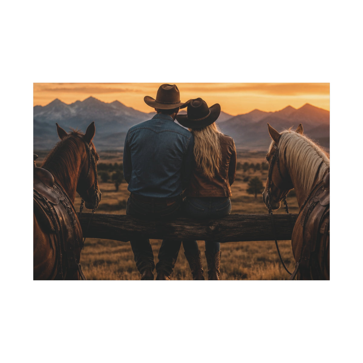 Western Cowboy Couple Sunset Canvas