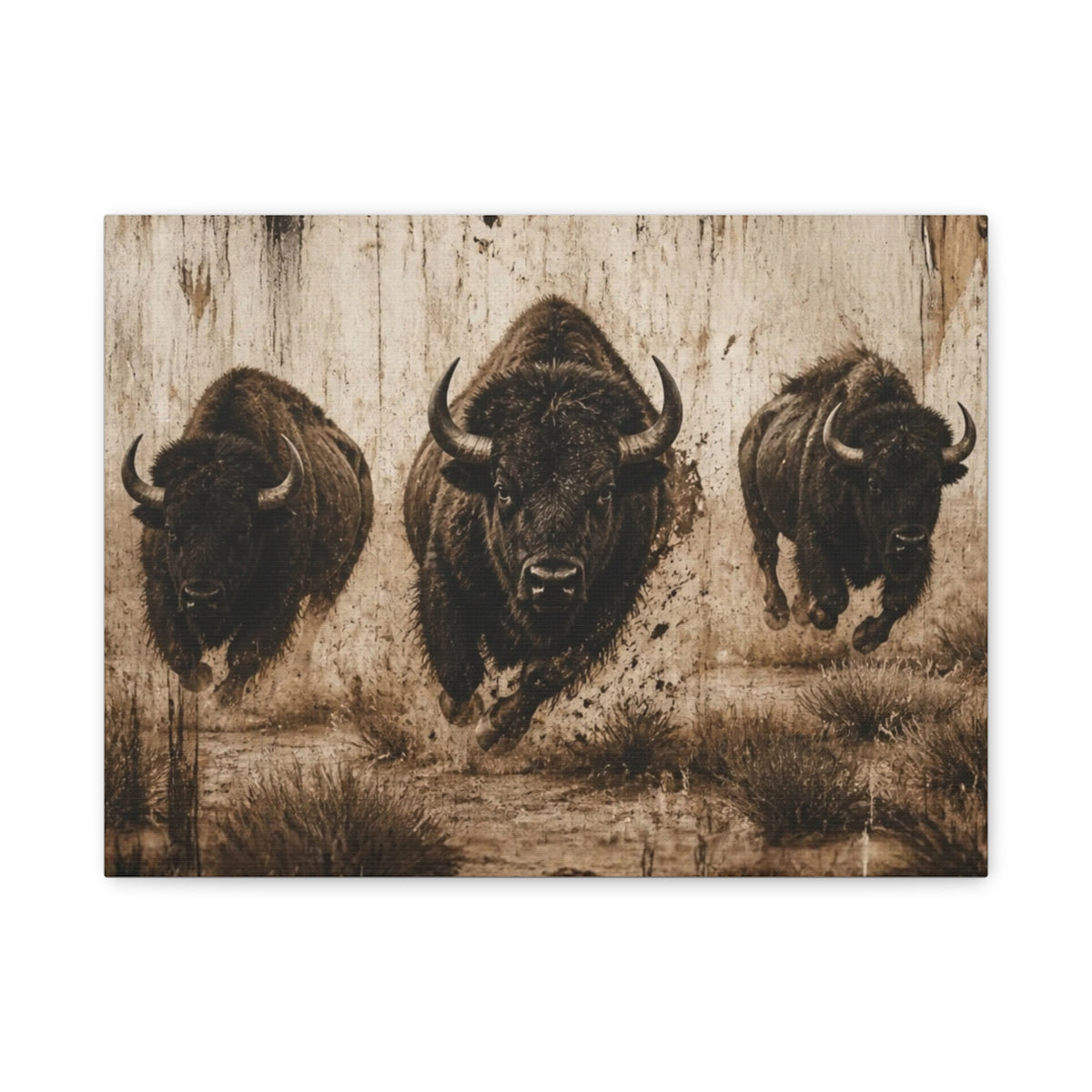 Running Bison Canvas Wall Art – Rustic Sepia Buffalo Trio Stretched Matte