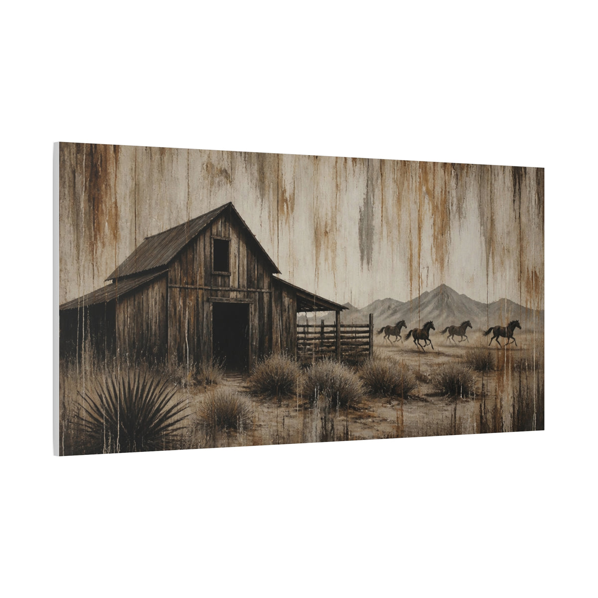 Rustic Western Barn Canvas Wall Art — Vintage Desert Horses Matte Stretched Canvas