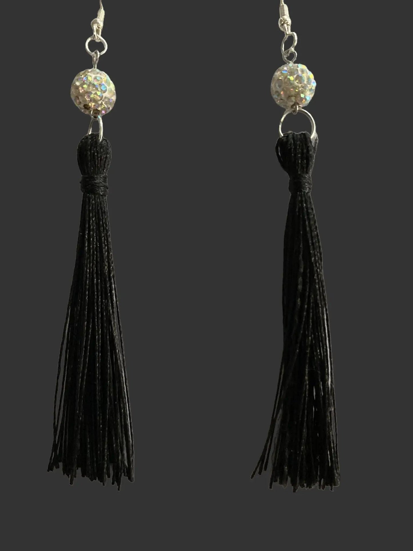 Black Fringe Dangling Earring with Rhinestone Beads Silver Plated for Pierced Ears Cowboy Hat Motif Fashion Accessory