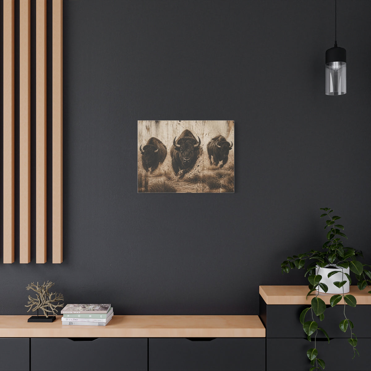 Running Bison Canvas Wall Art – Rustic Sepia Buffalo Trio Stretched Matte