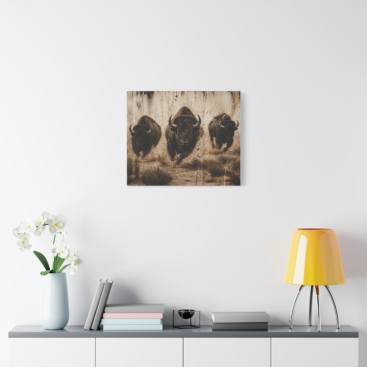 Running Bison Canvas Wall Art – Rustic Sepia Buffalo Trio Stretched Matte