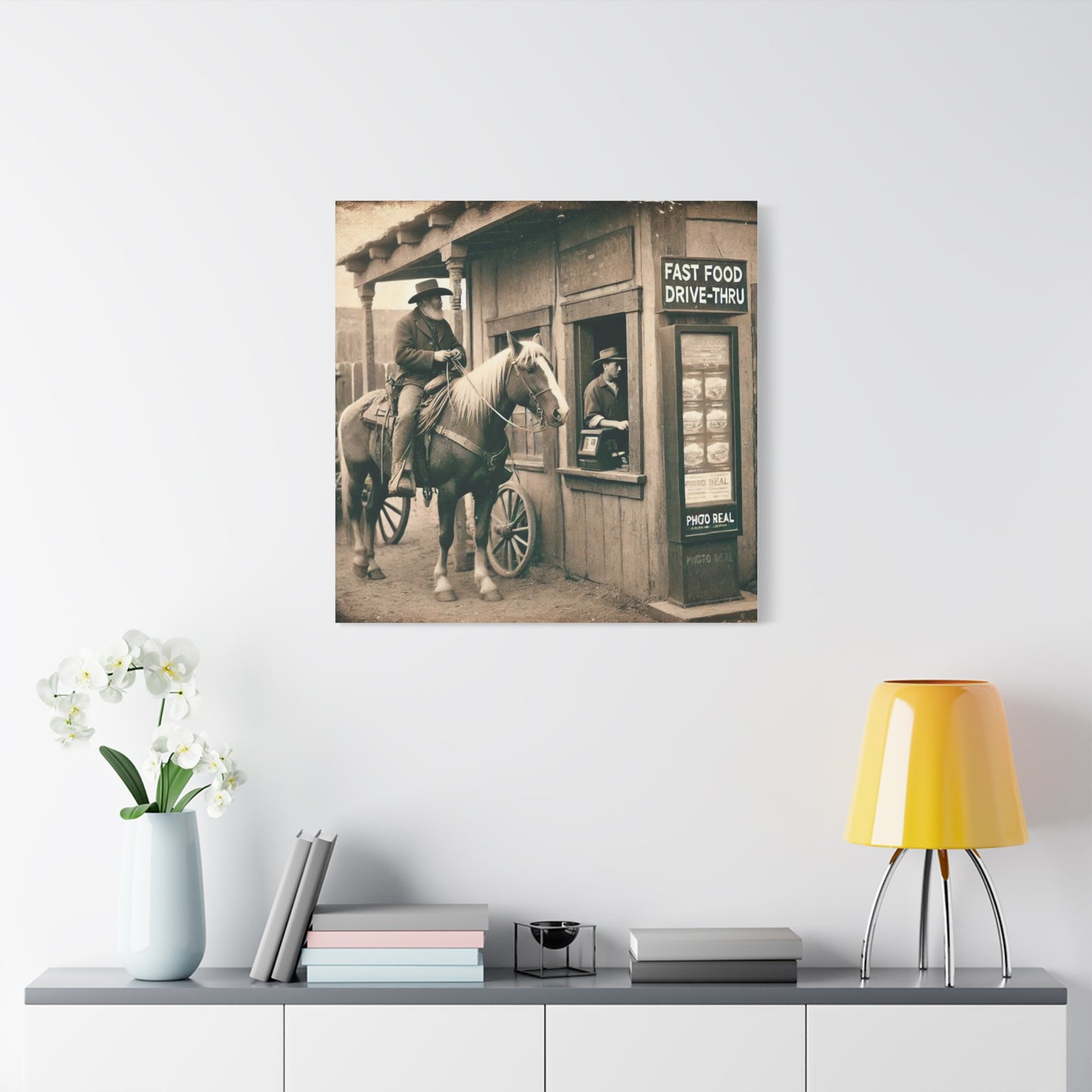 Old West Cowboy in Fast Food Drive Through Antique Art