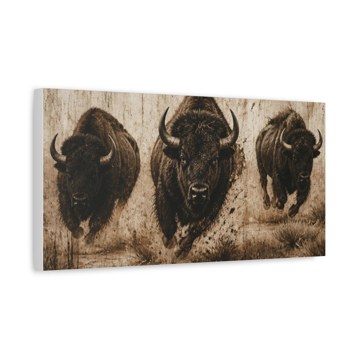 Running Bison Canvas Wall Art – Rustic Sepia Buffalo Trio Stretched Matte