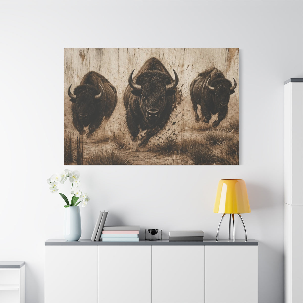 Running Bison Canvas Wall Art – Rustic Sepia Buffalo Trio Stretched Matte