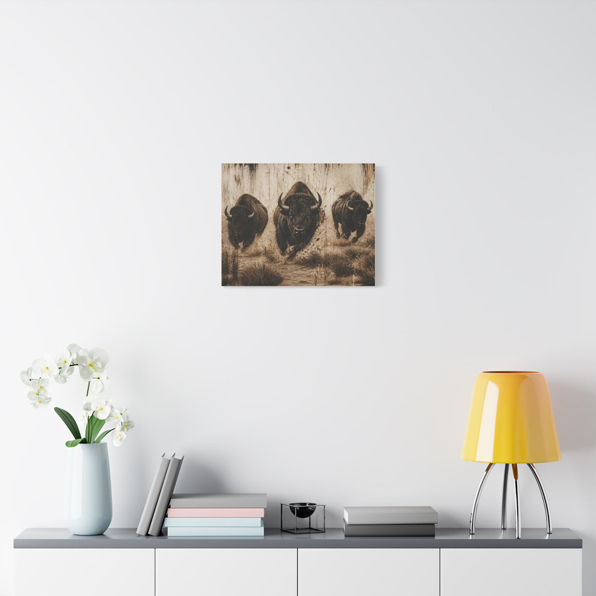 Running Bison Canvas Wall Art – Rustic Sepia Buffalo Trio Stretched Matte