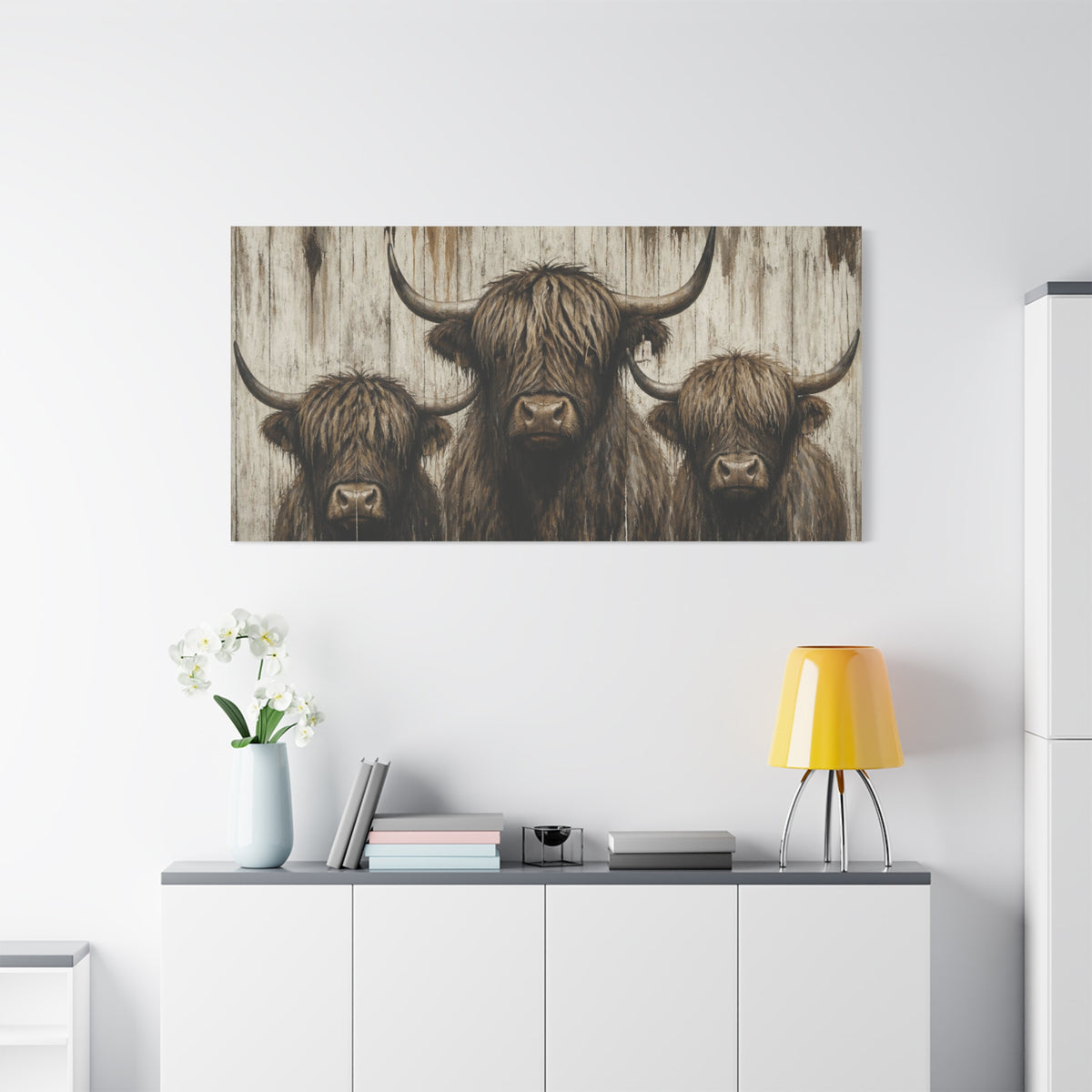 Highland Cow Trio Matte Stretched Canvas Wall Art — Rustic Farmhouse Animal Print