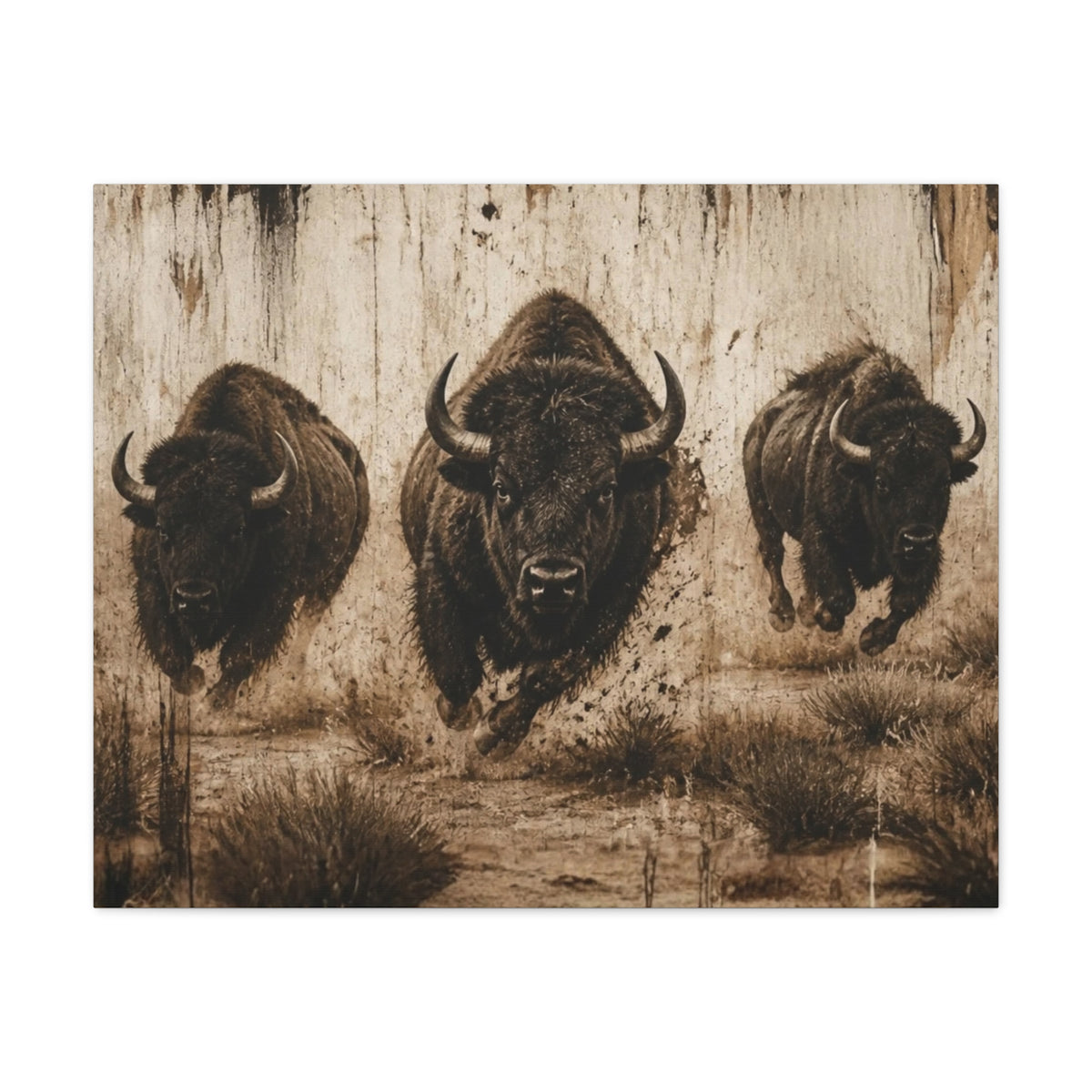 Running Bison Canvas Wall Art – Rustic Sepia Buffalo Trio Stretched Matte
