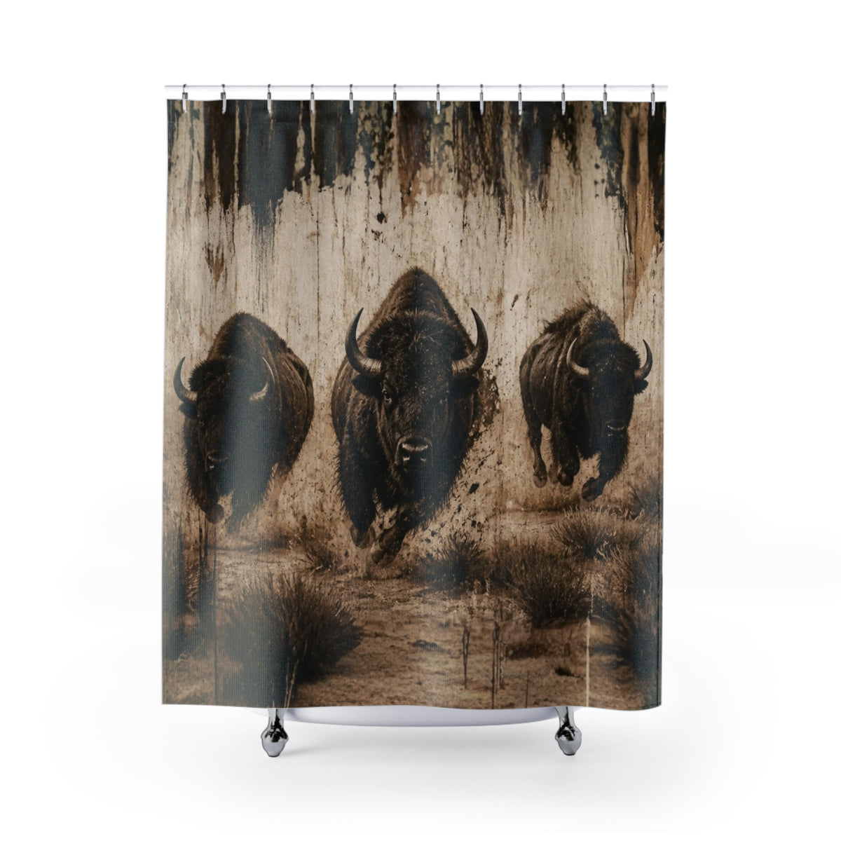 Bison Stampede Shower Curtain — Rustic Western Buffalo Bathroom Decor
