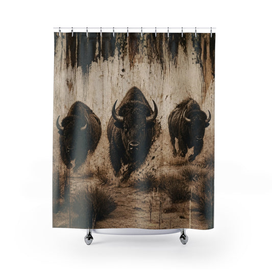 Bison Stampede Shower Curtain — Rustic Western Buffalo Bathroom Decor