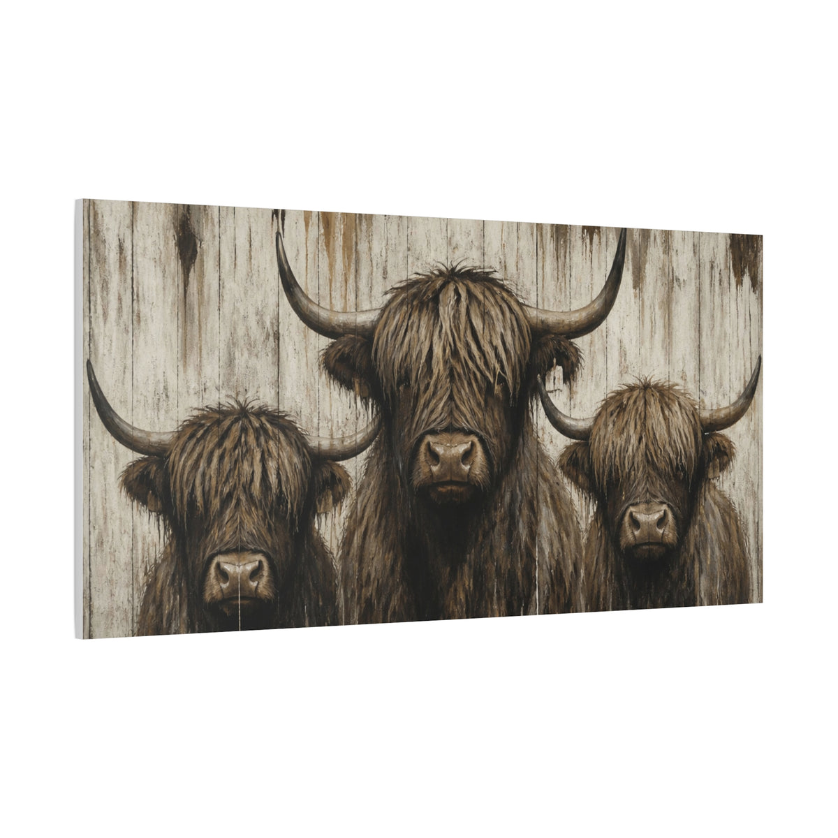Highland Cow Trio Matte Stretched Canvas Wall Art — Rustic Farmhouse Animal Print