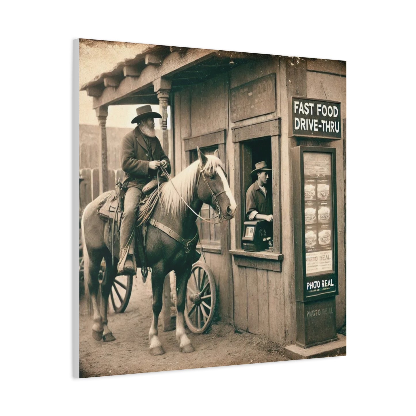 Old West Cowboy in Fast Food Drive Through Antique Art