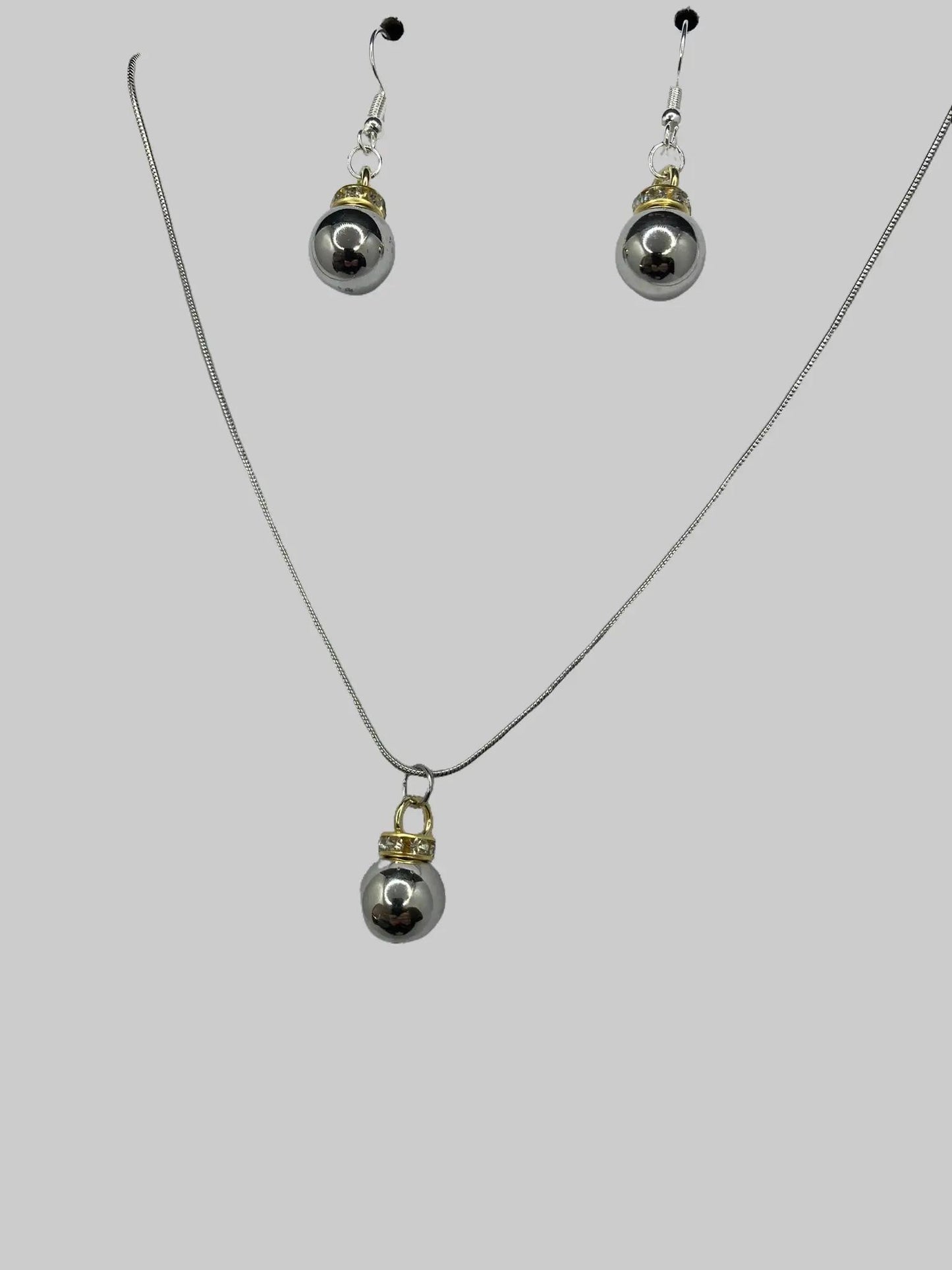 Mirror Ball Silver Plated Fashion Accessory for Pieced Ears 18 Inch Necklace and Earring Jewelry Set