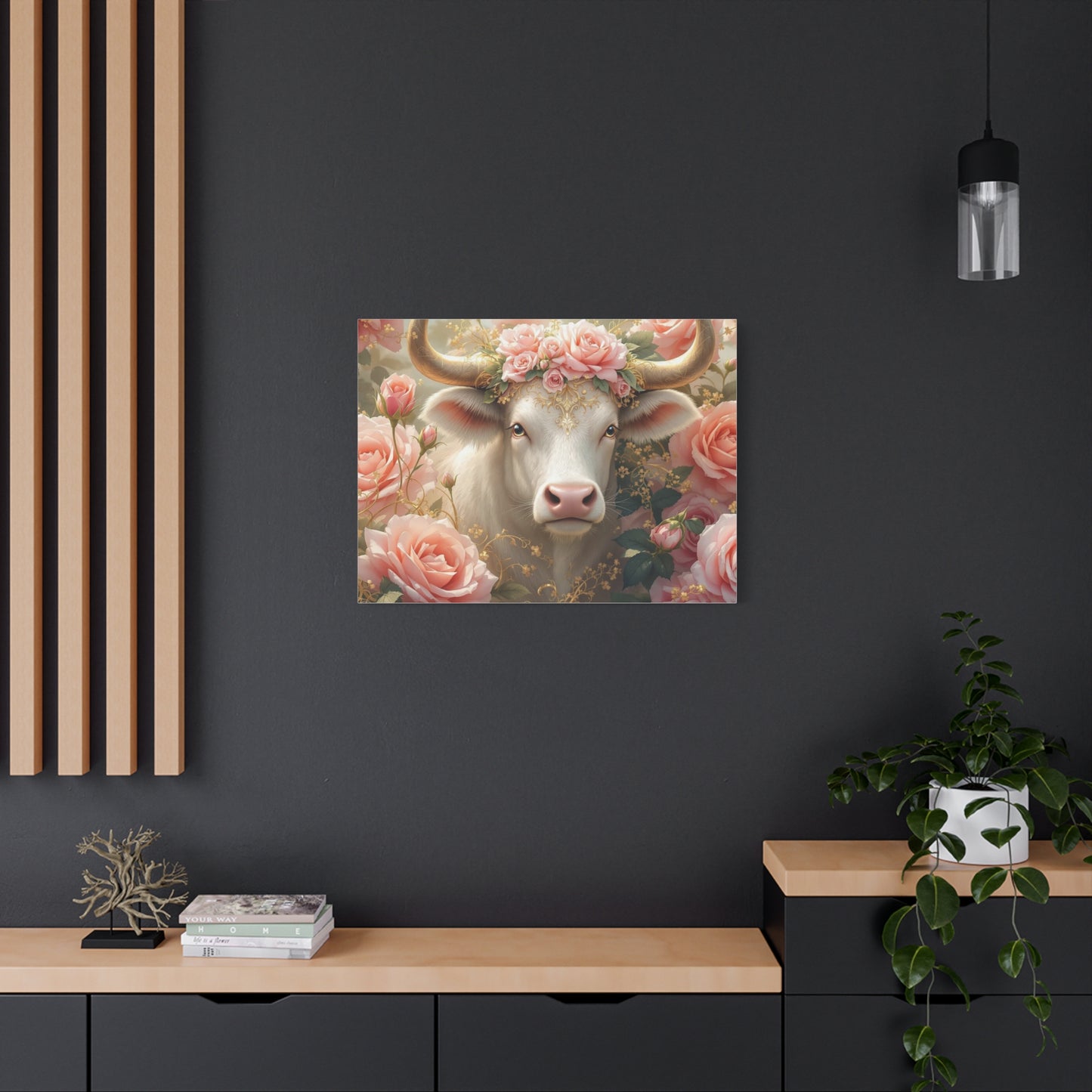 Canvas Print - Pink Rose Cow Picture