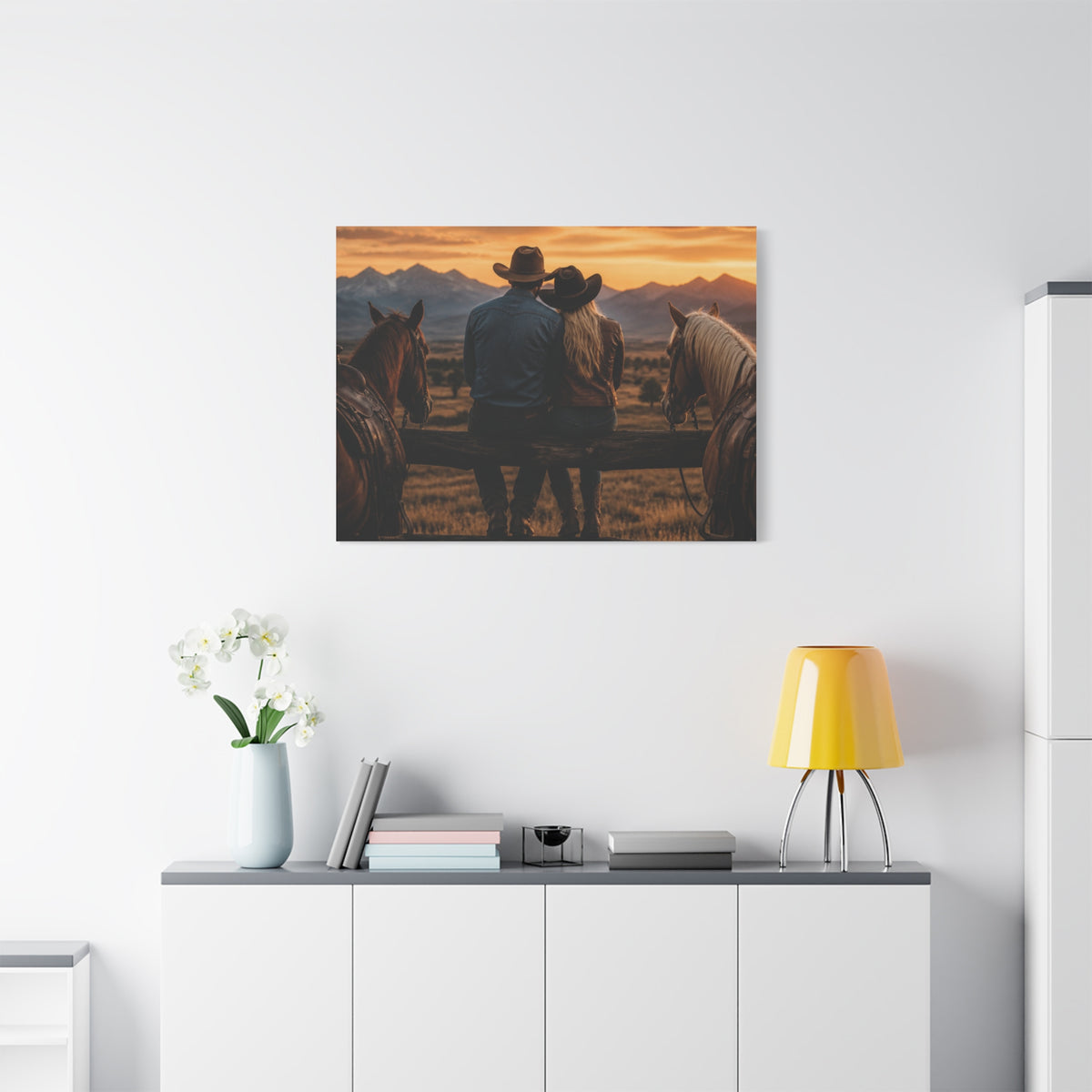 Western Cowboy Couple Sunset Canvas