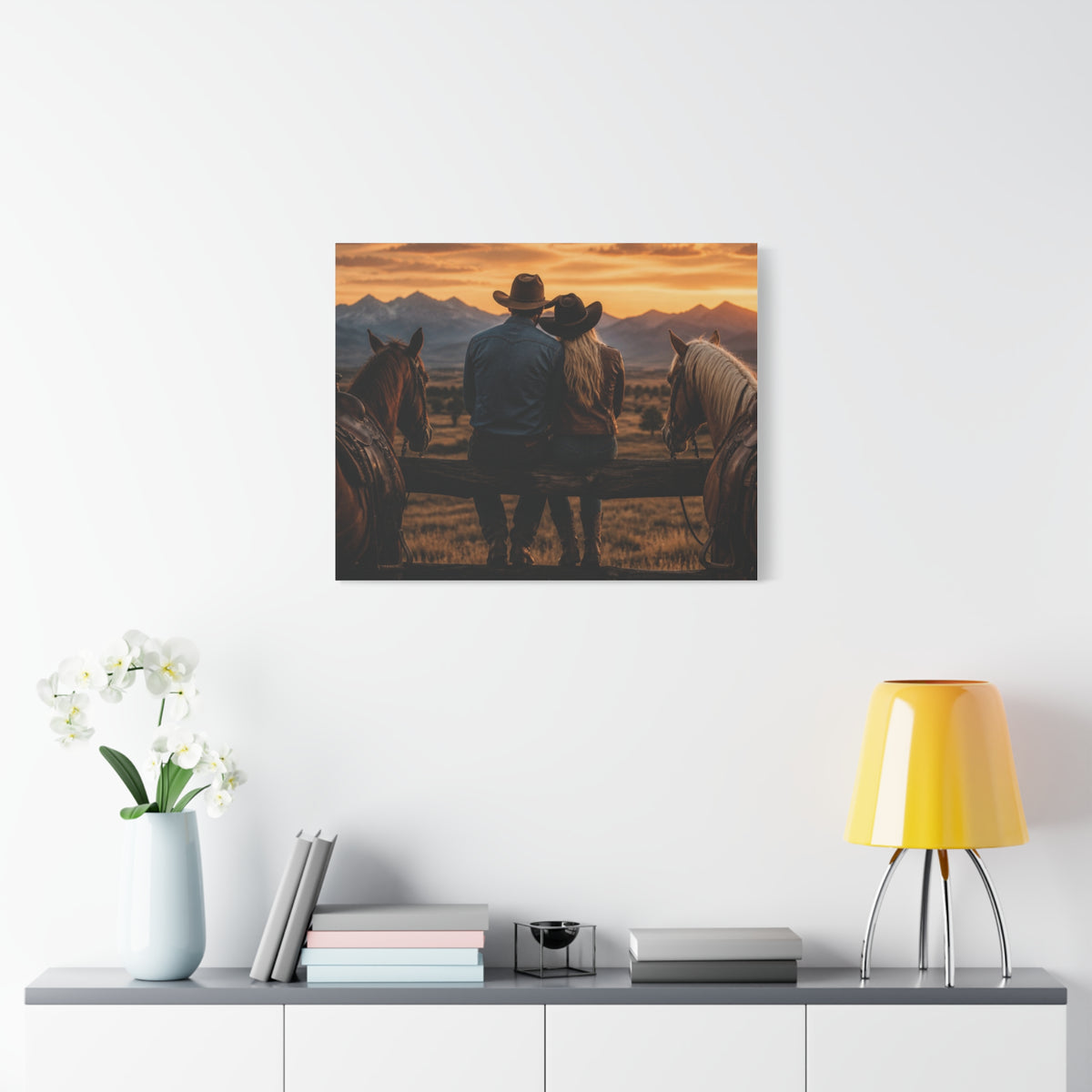 Western Cowboy Couple Sunset Canvas