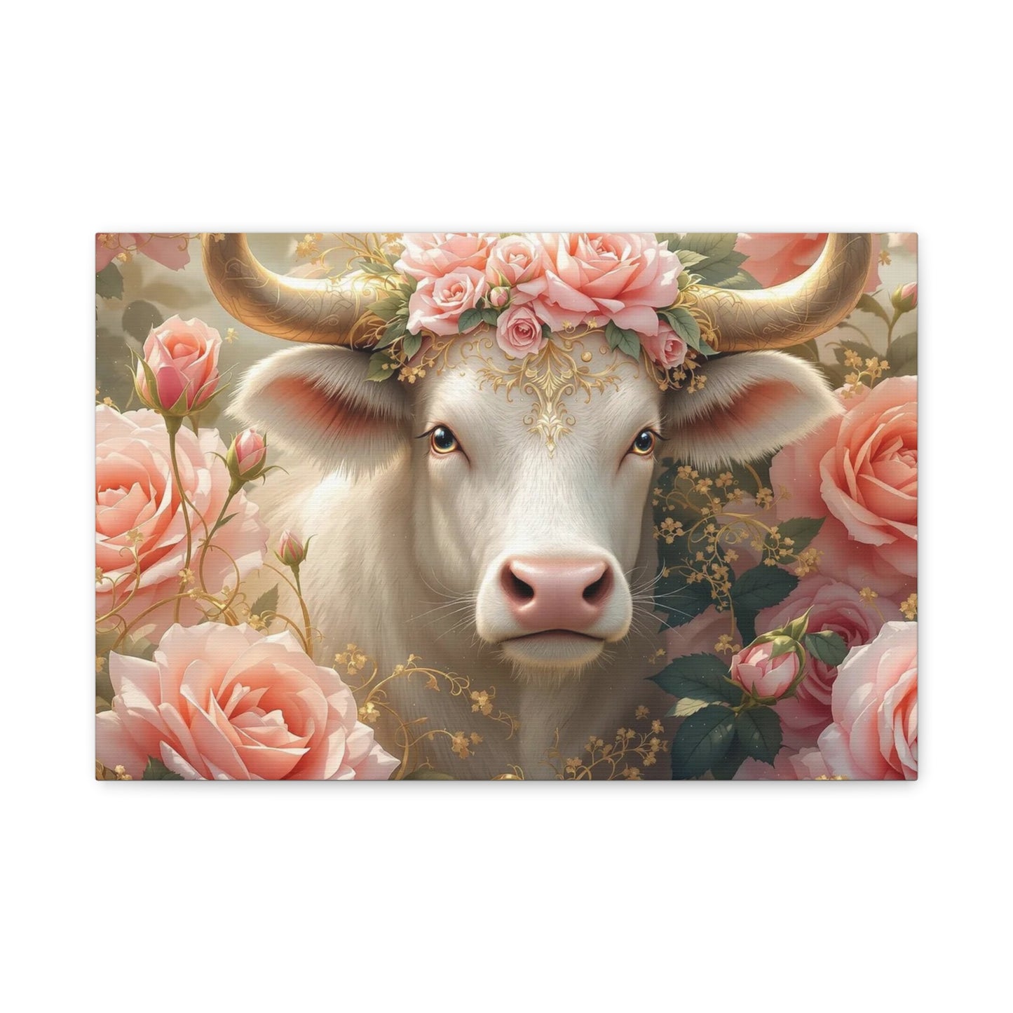 Canvas Print - Pink Rose Cow Picture
