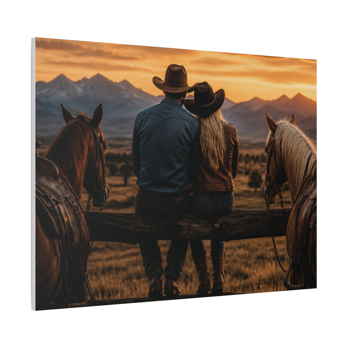 Western Cowboy Couple Sunset Canvas