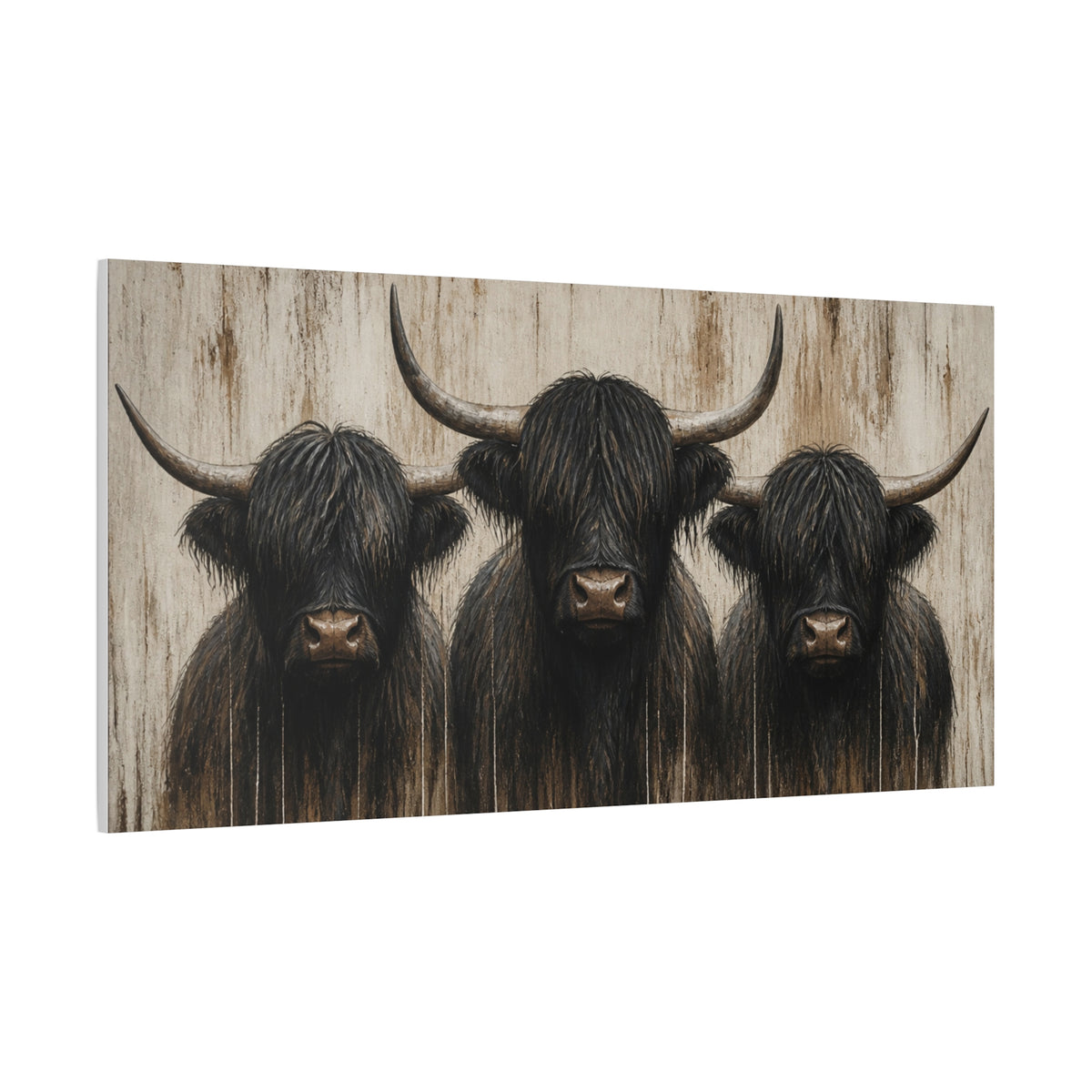 Highland Cow Trio Matte Stretched Canvas Wall Art — Rustic Farmhouse Animal Print