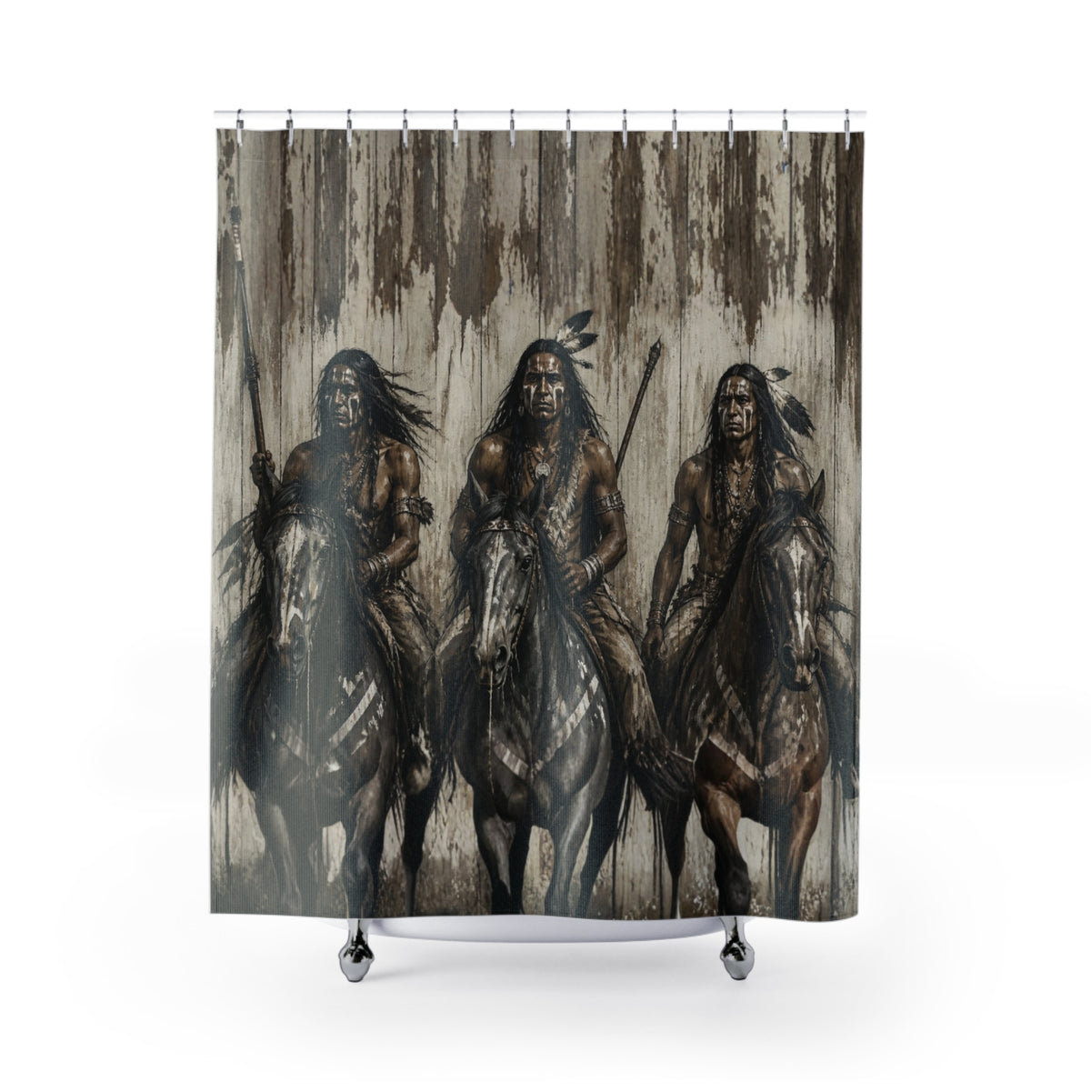 Native Warrior Shower Curtain – Rustic Tribal Horsemen Bathroom Decor
