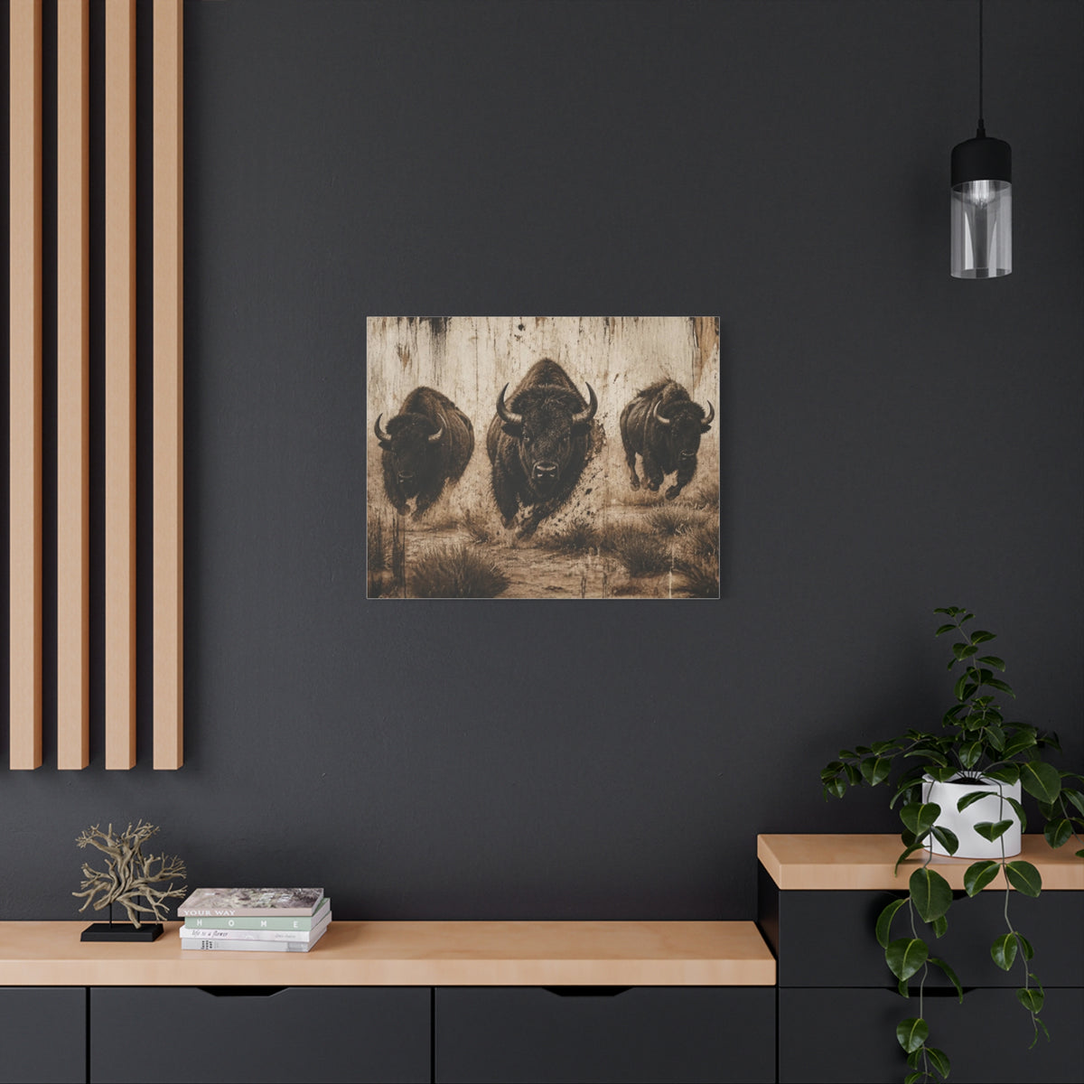 Running Bison Canvas Wall Art – Rustic Sepia Buffalo Trio Stretched Matte