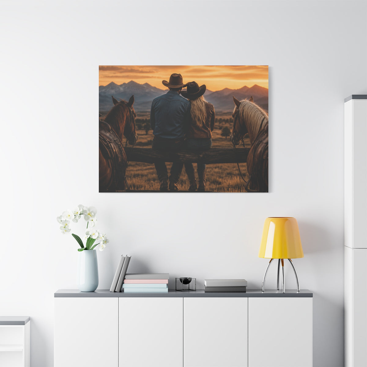 Western Cowboy Couple Sunset Canvas