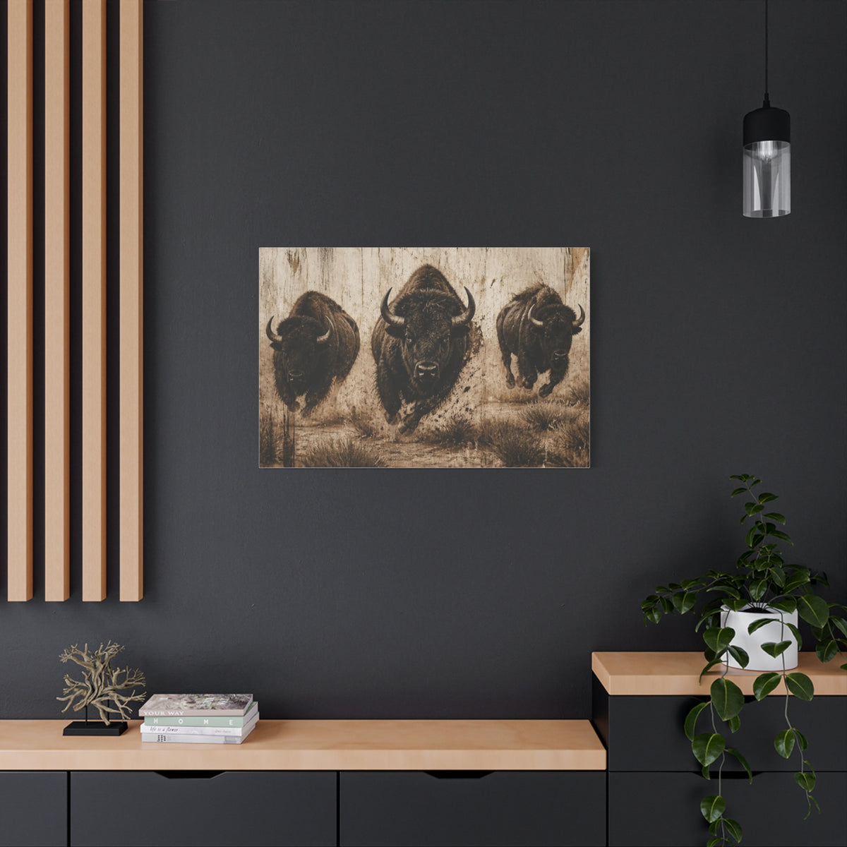 Running Bison Canvas Wall Art – Rustic Sepia Buffalo Trio Stretched Matte