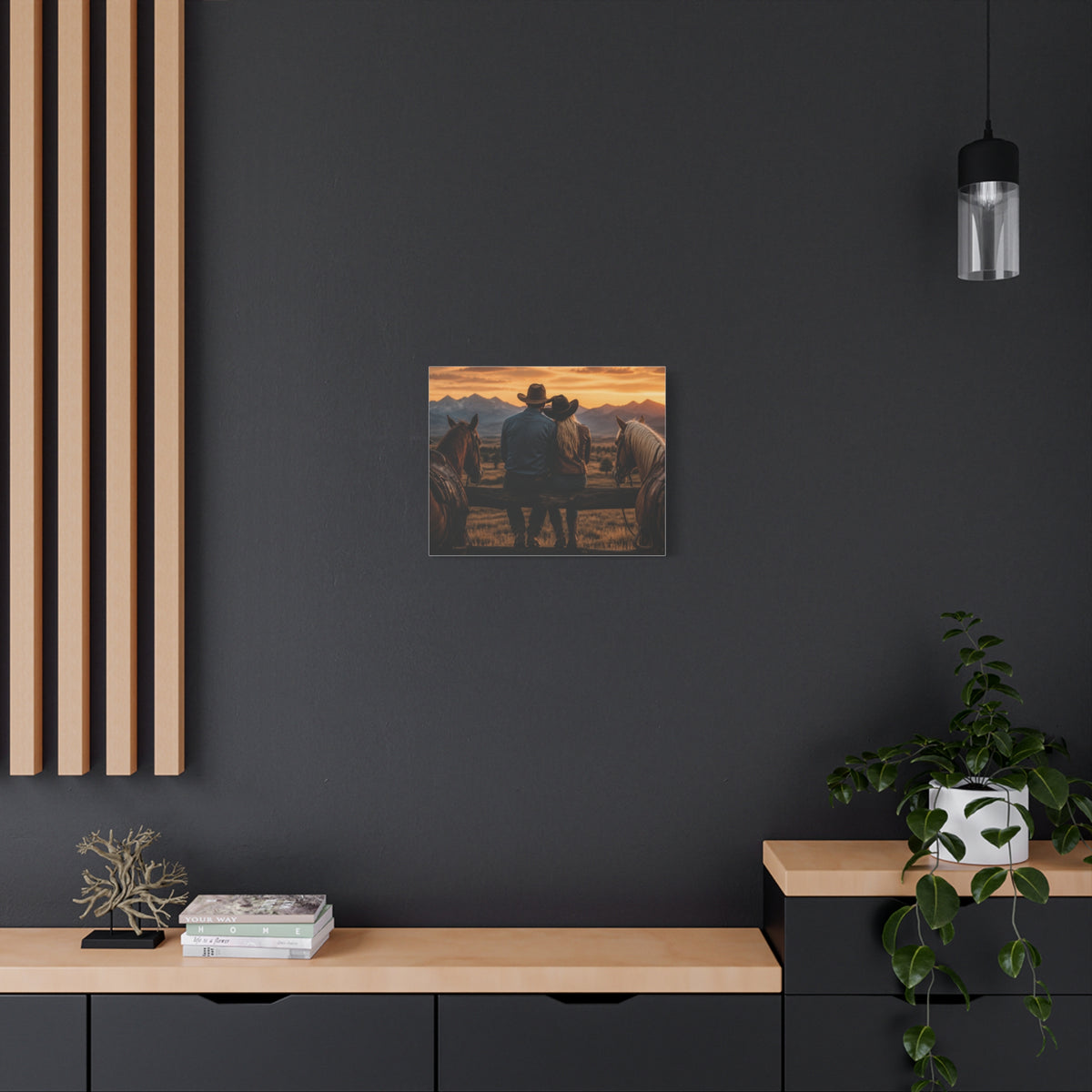 Western Cowboy Couple Sunset Canvas