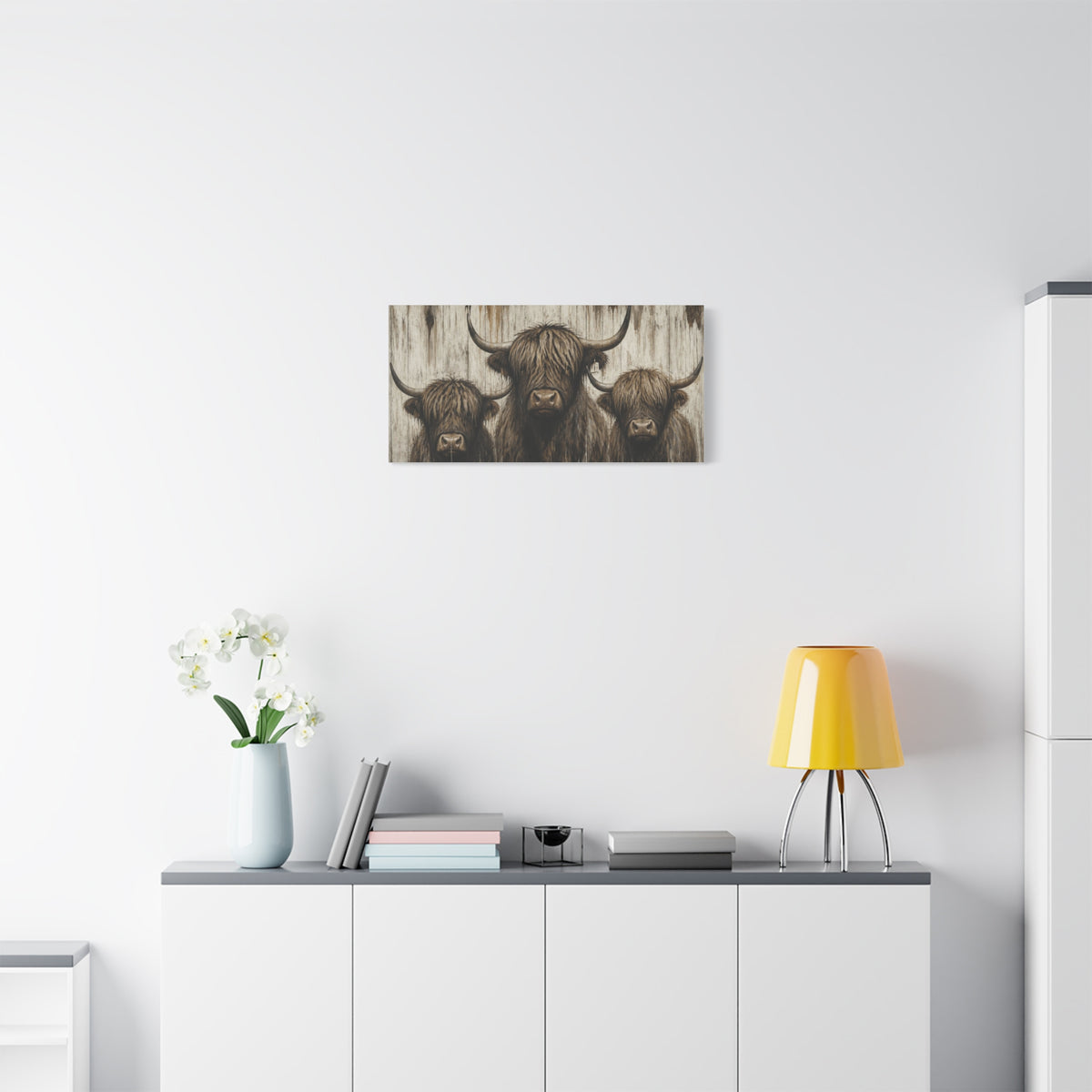 Highland Cow Trio Matte Stretched Canvas Wall Art — Rustic Farmhouse Animal Print