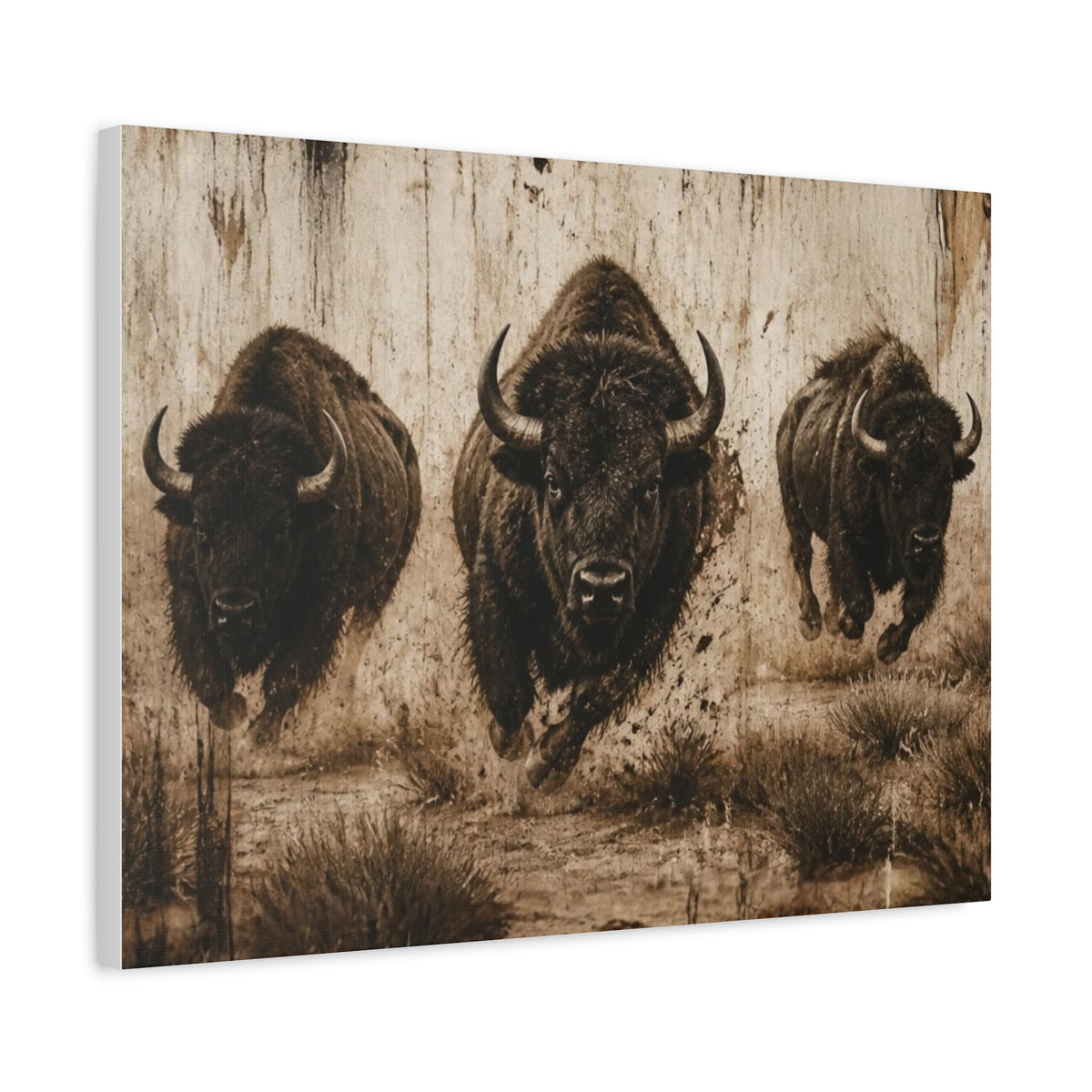 Running Bison Canvas Wall Art – Rustic Sepia Buffalo Trio Stretched Matte