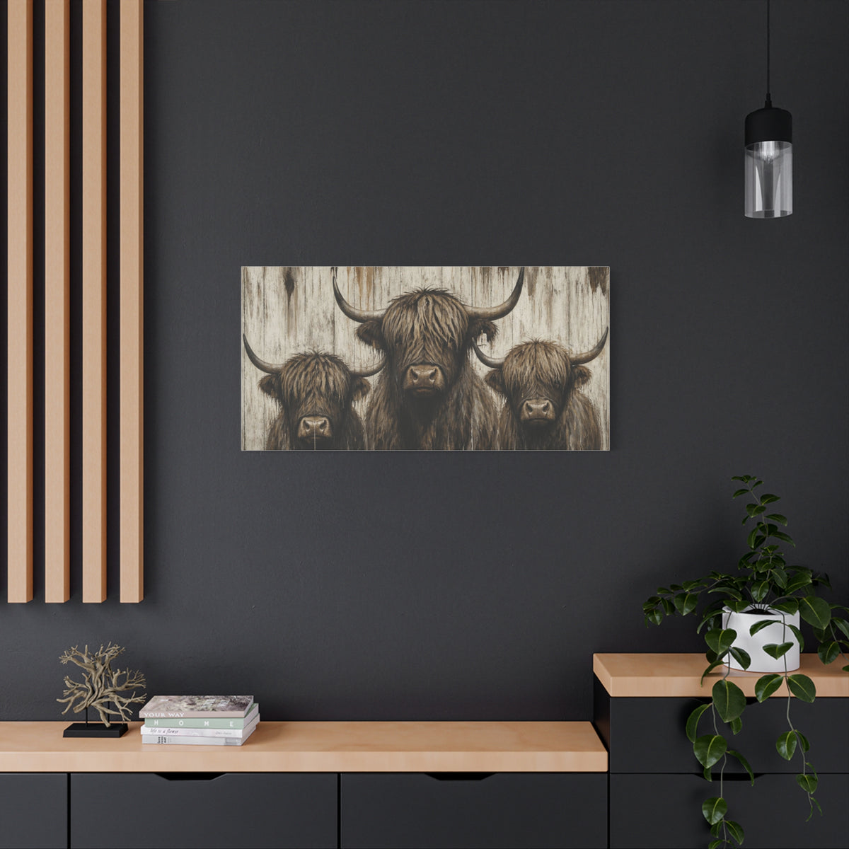 Highland Cow Trio Matte Stretched Canvas Wall Art — Rustic Farmhouse Animal Print