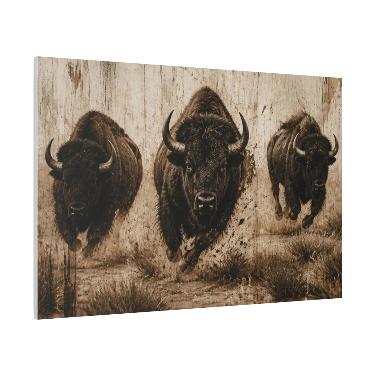 Running Bison Canvas Wall Art – Rustic Sepia Buffalo Trio Stretched Matte