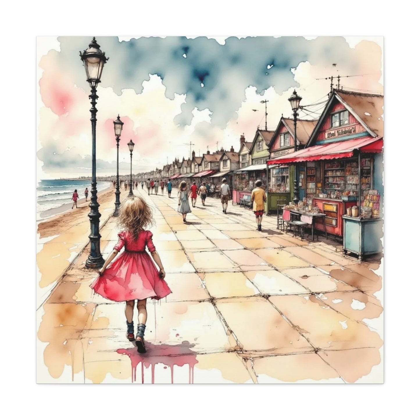 Girl in a Pink Dress Beach Front View Abstract Art