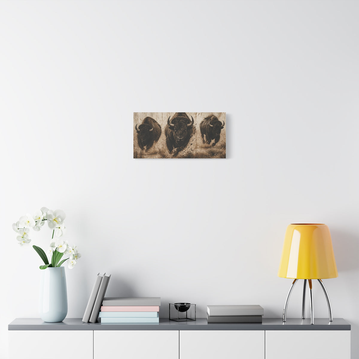 Running Bison Canvas Wall Art – Rustic Sepia Buffalo Trio Stretched Matte