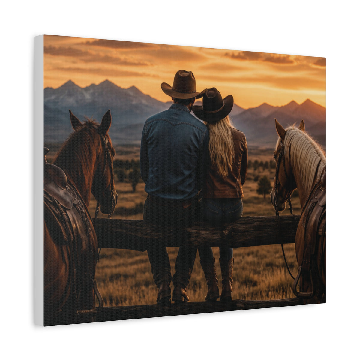 Western Cowboy Couple Sunset Canvas