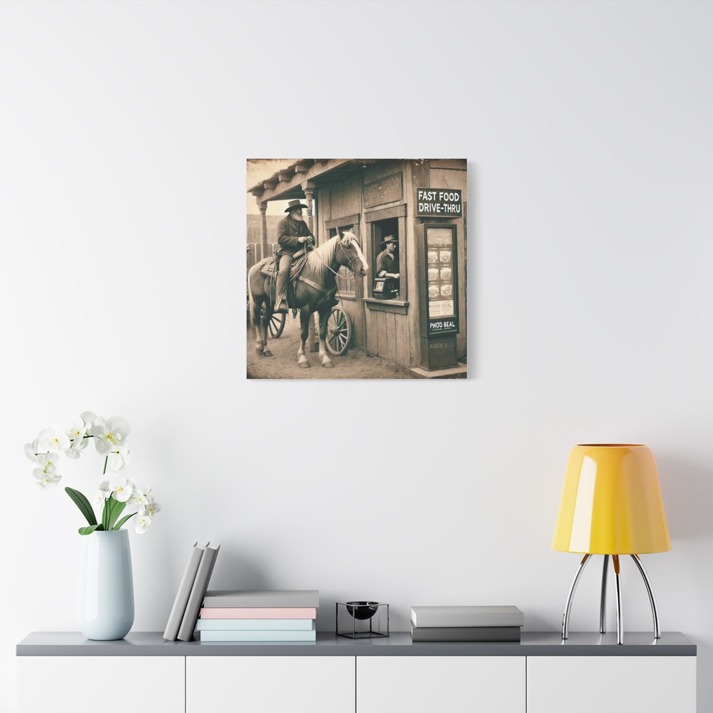Old West Cowboy in Fast Food Drive Through Antique Art