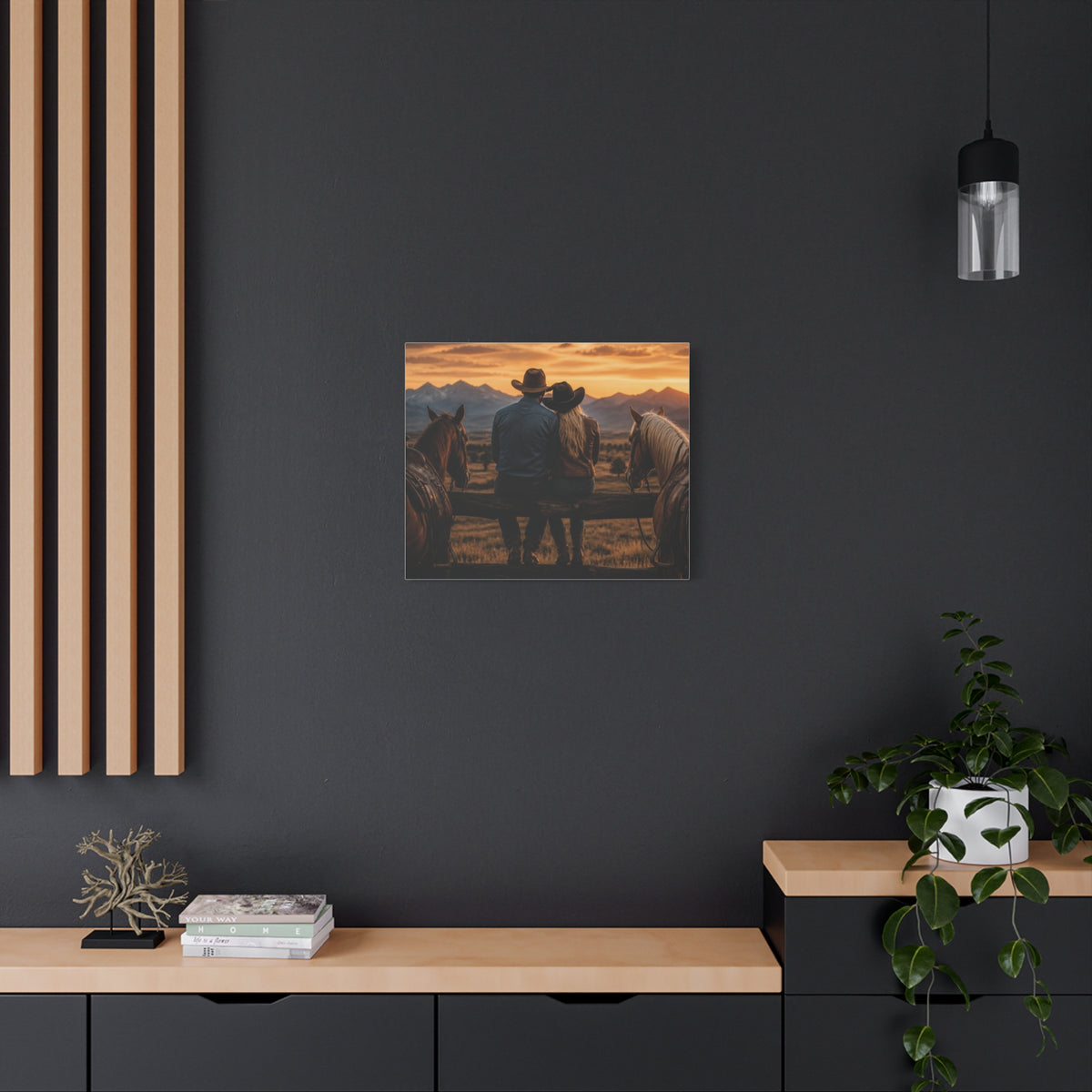 Western Cowboy Couple Sunset Canvas