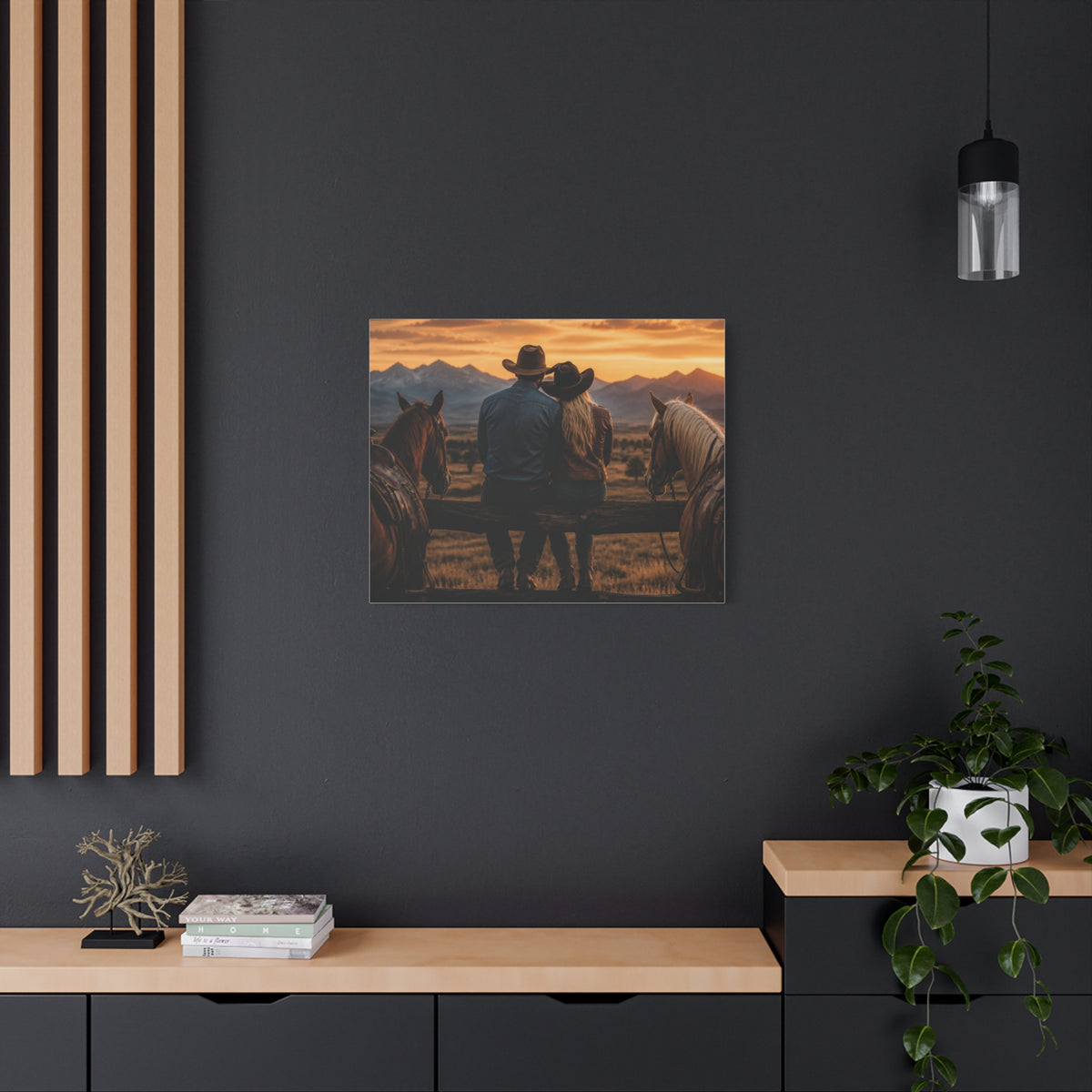 Western Cowboy Couple Sunset Canvas