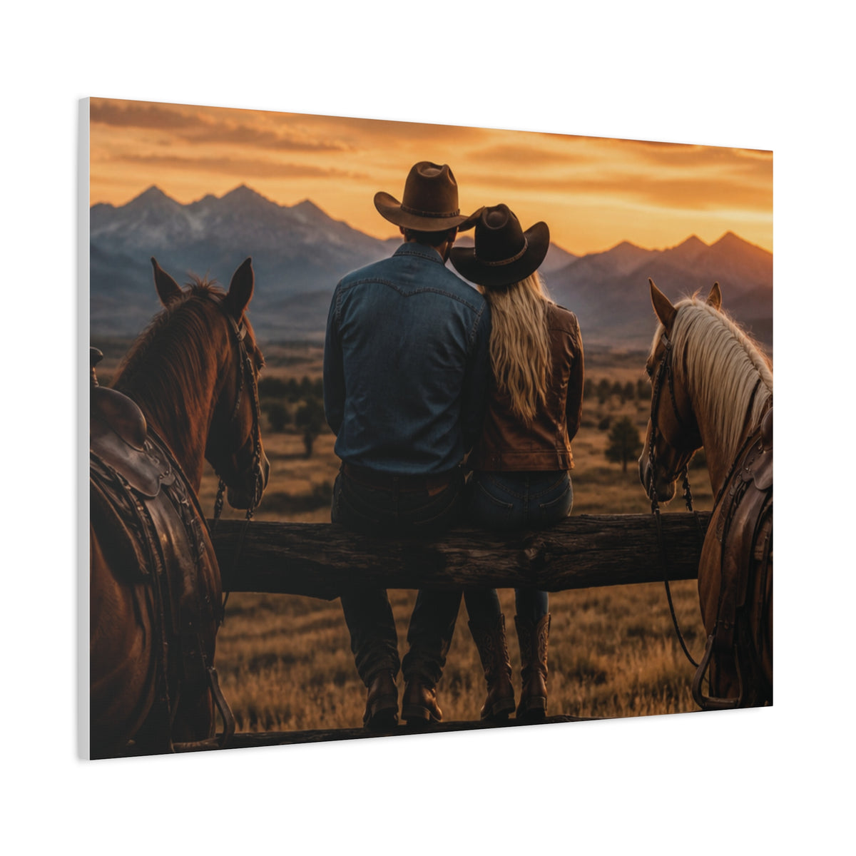 Western Cowboy Couple Sunset Canvas
