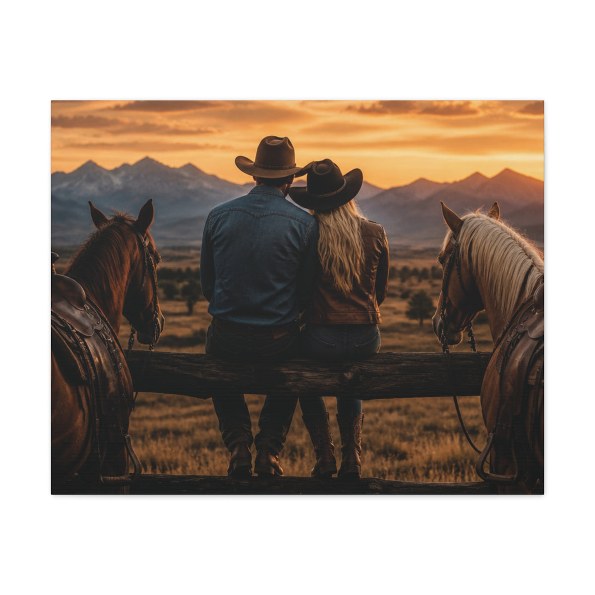 Western Cowboy Couple Sunset Canvas